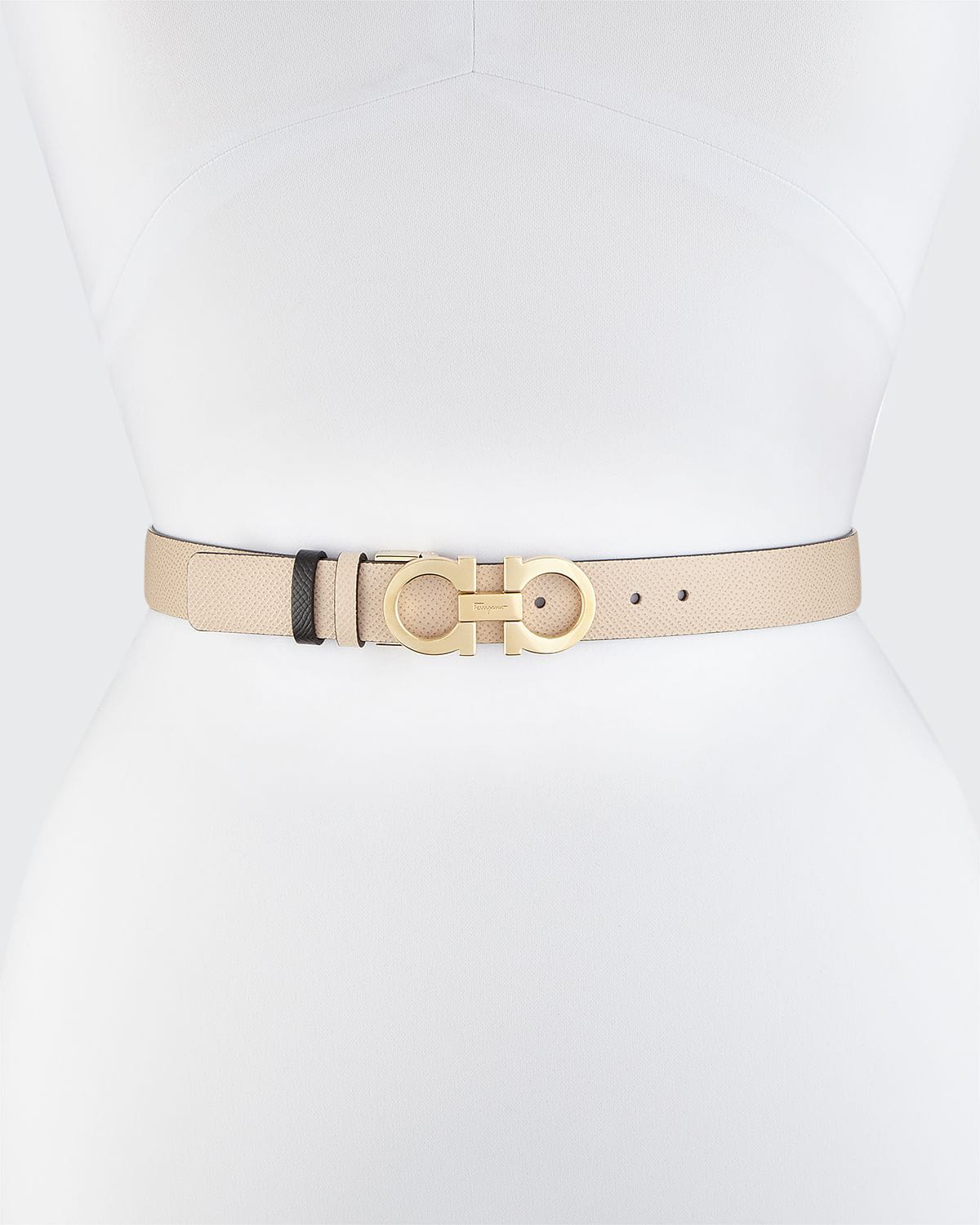 Shop Ferragamo Gancini-buckle Reversible Leather Belt In Macadamia / Gold