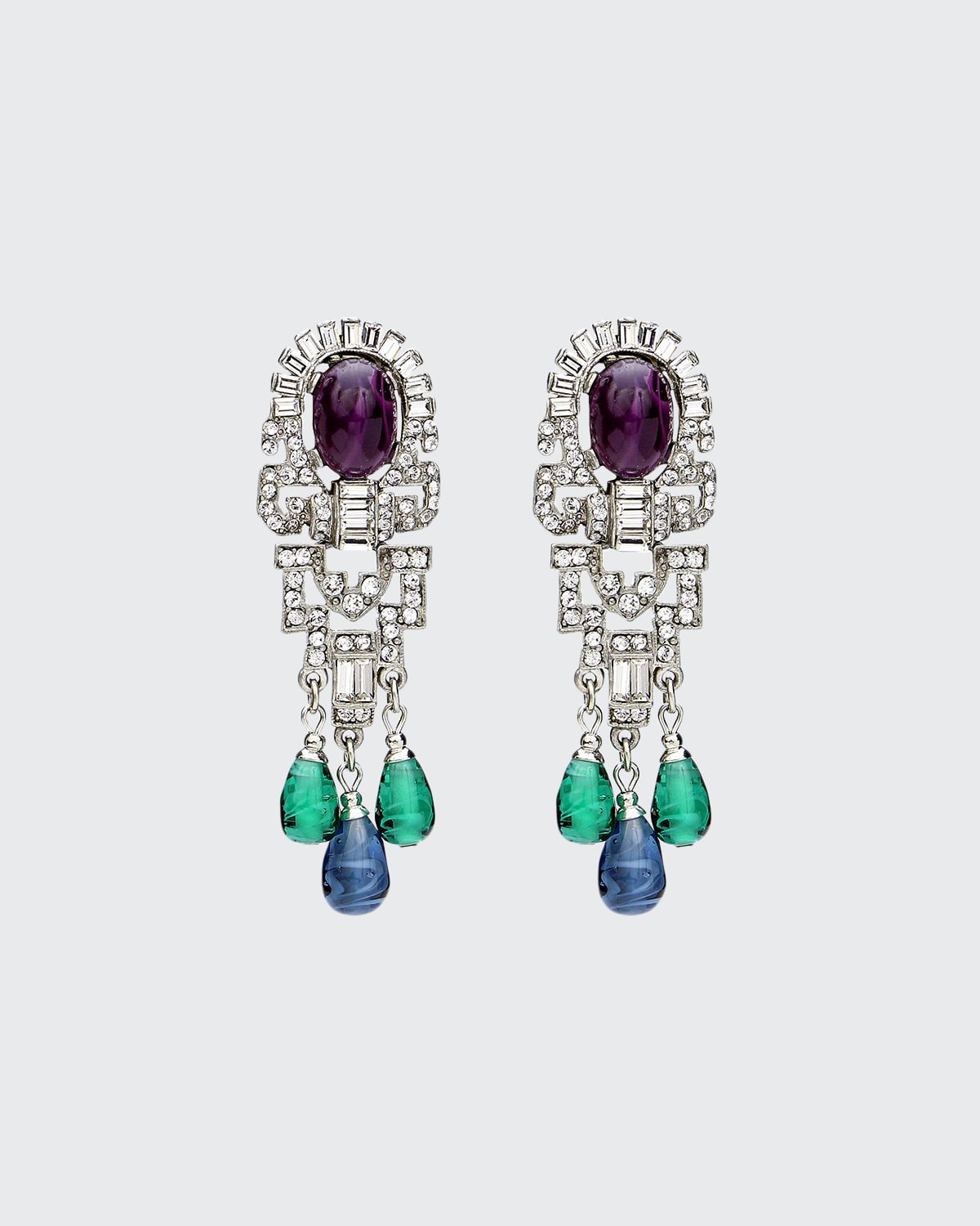 Silver Crystal Oval Topa and Emerald Sapphire Drop Clip-On Earrings
