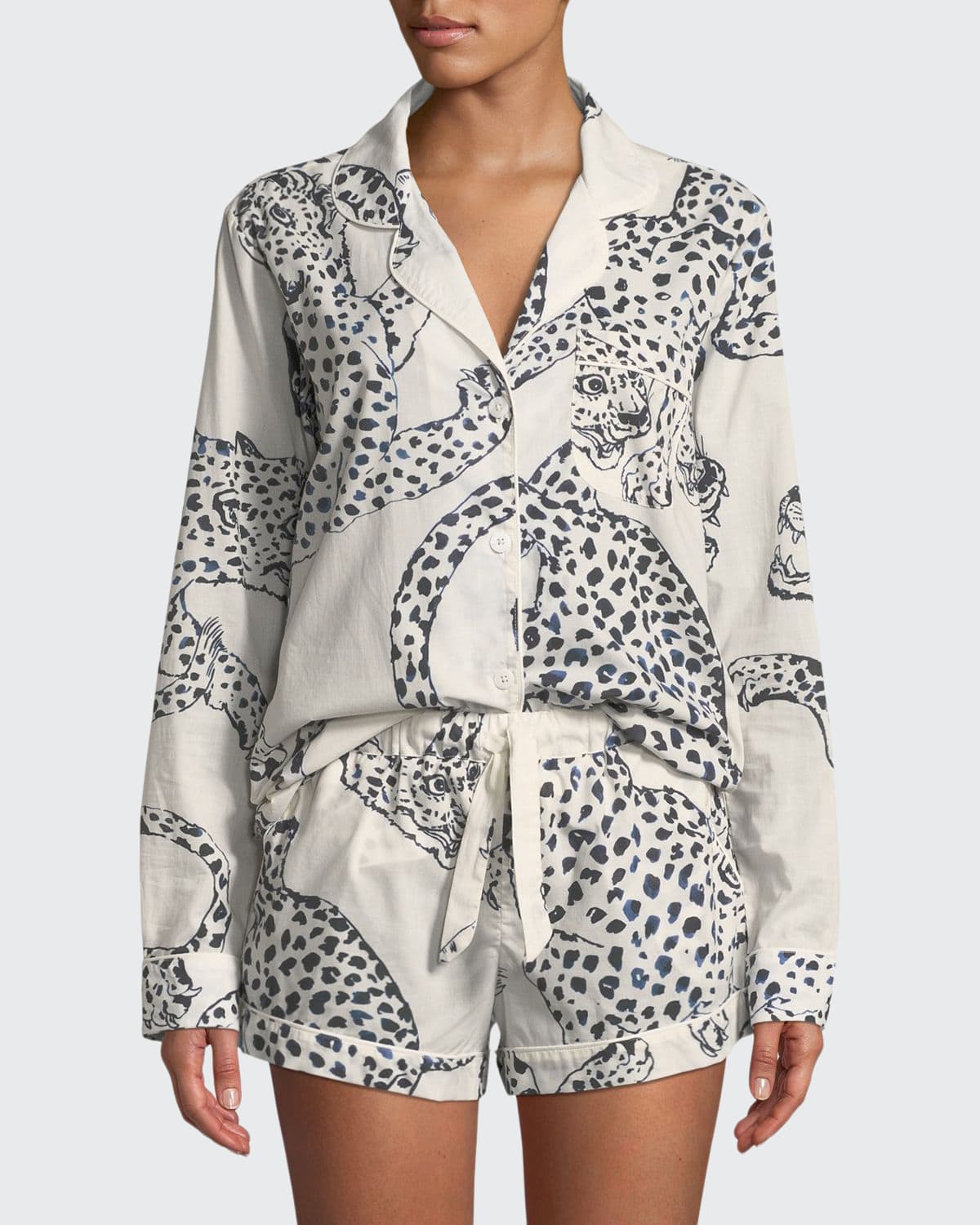 Desmond & Dempsey Leopard Print Classic Short Pajama Set In White