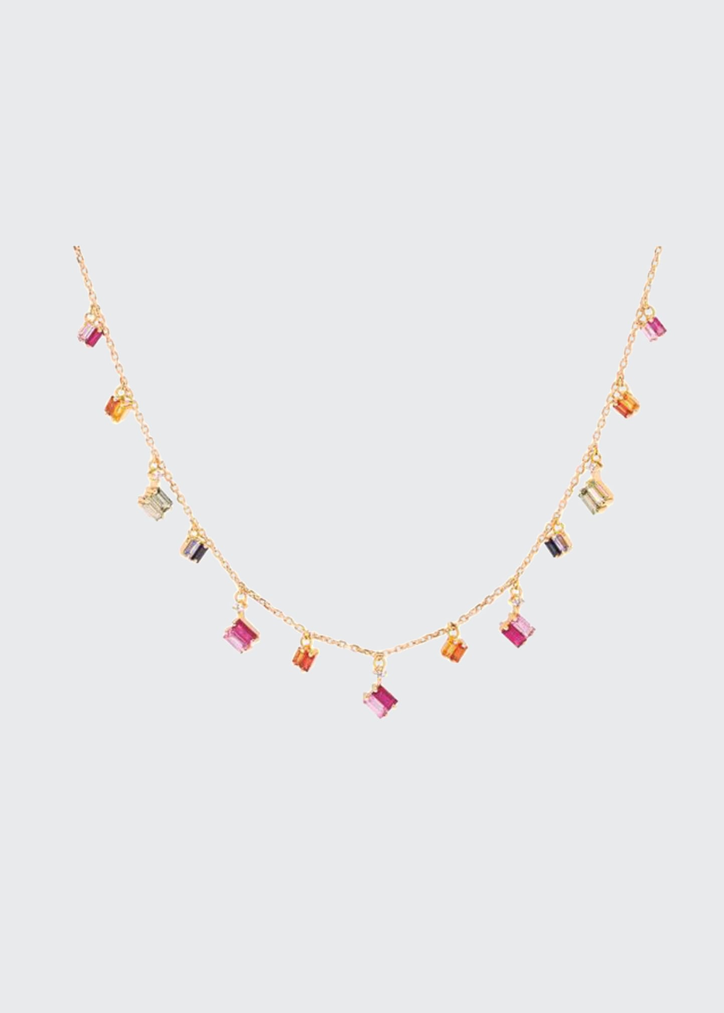 SUZANNE KALAN 18K YELLOW GOLD RAINBOW NECKLACE 0.10 CT. ROUND WHITE DIAMOND 3.20 CT. COLORED SAPPHIRE BAGUETTES