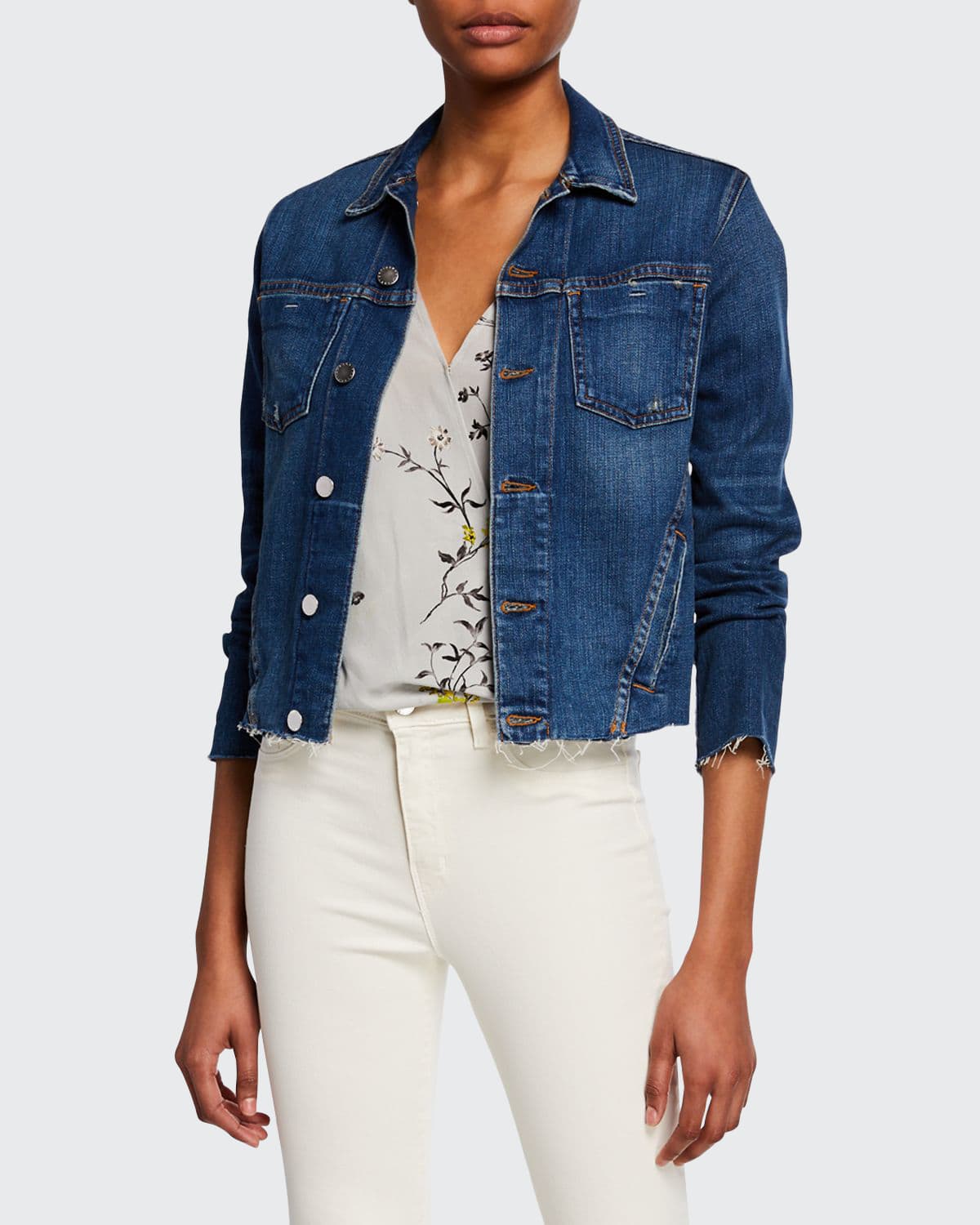 L Agence Janelle Raw-cut Denim Jacket In Powder Indigo