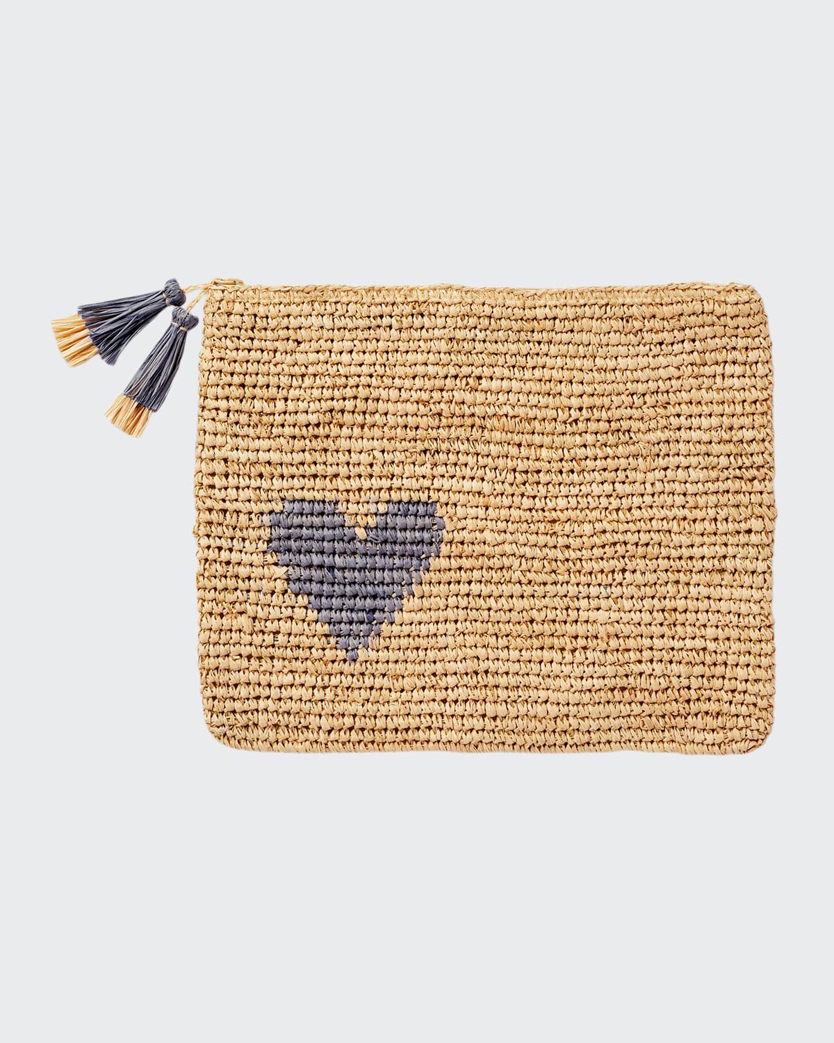 Aerin Heart Raffia Zip Pouch In Denim