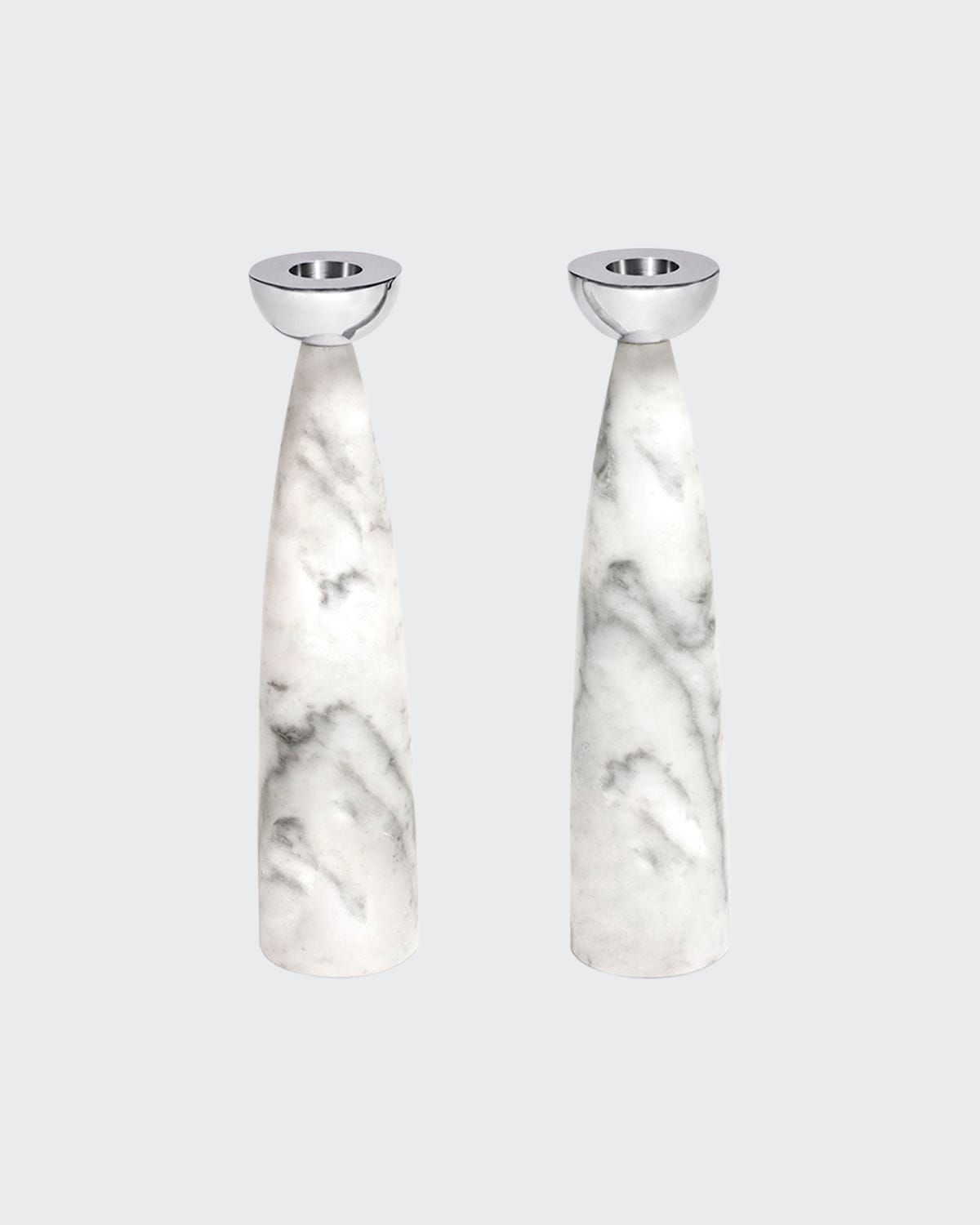 Anna New York Coluna Candle Holders Marble & Silver In Carrara Slvr