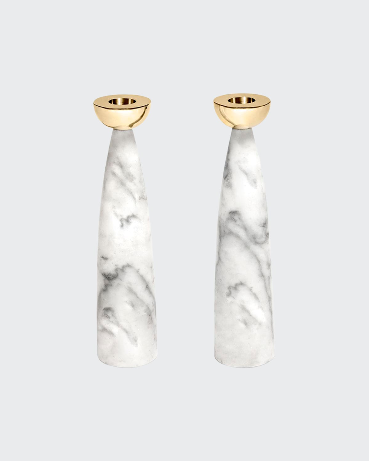 Anna New York Coluna Set Of 2 Marble Candleholders In Carrara Gld
