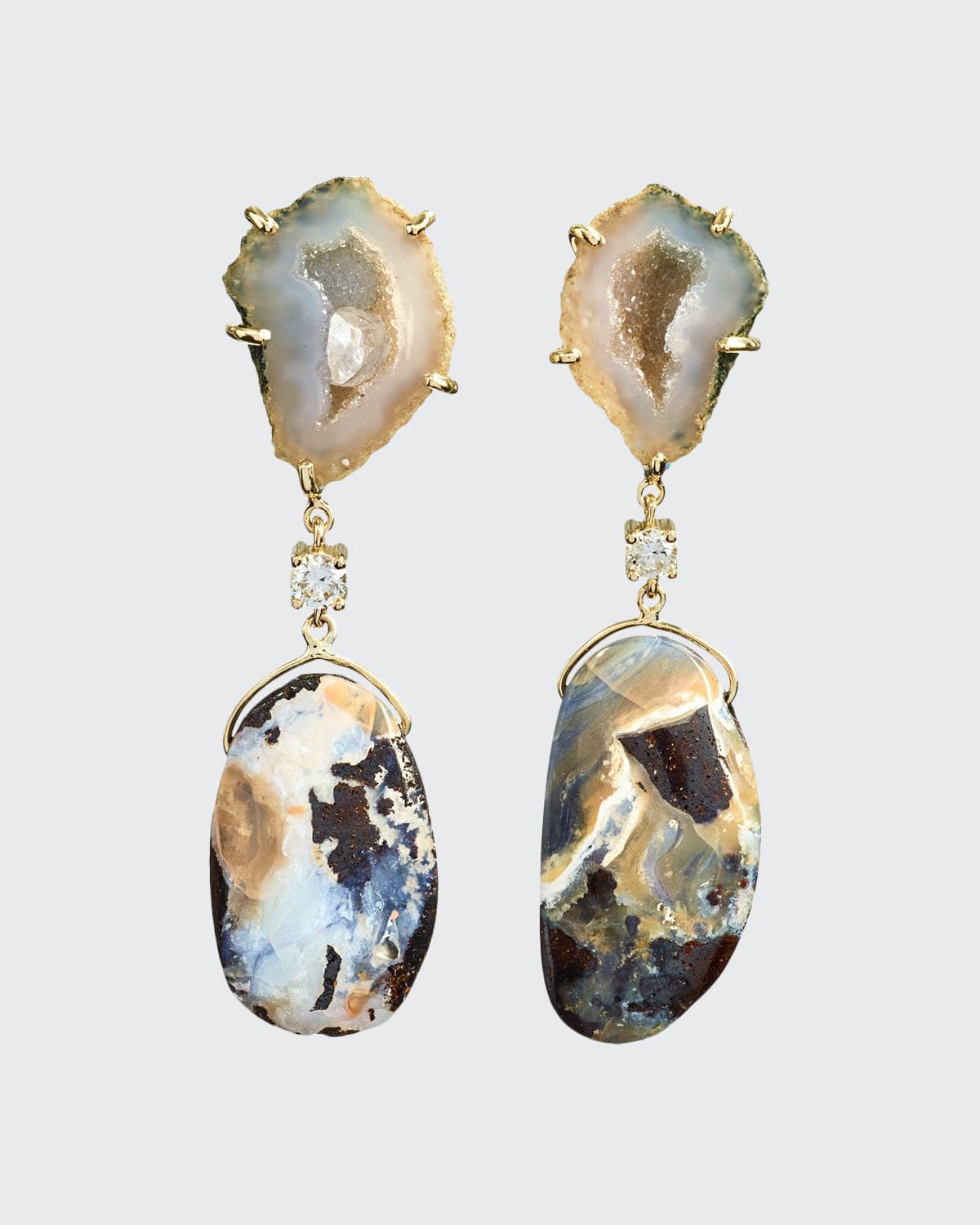 18k Bespoke 2-Tier One-of-a-Kind Luxury Earrings w/ Tan Tabasco Geode, Natural Boulder Opal & Diamonds