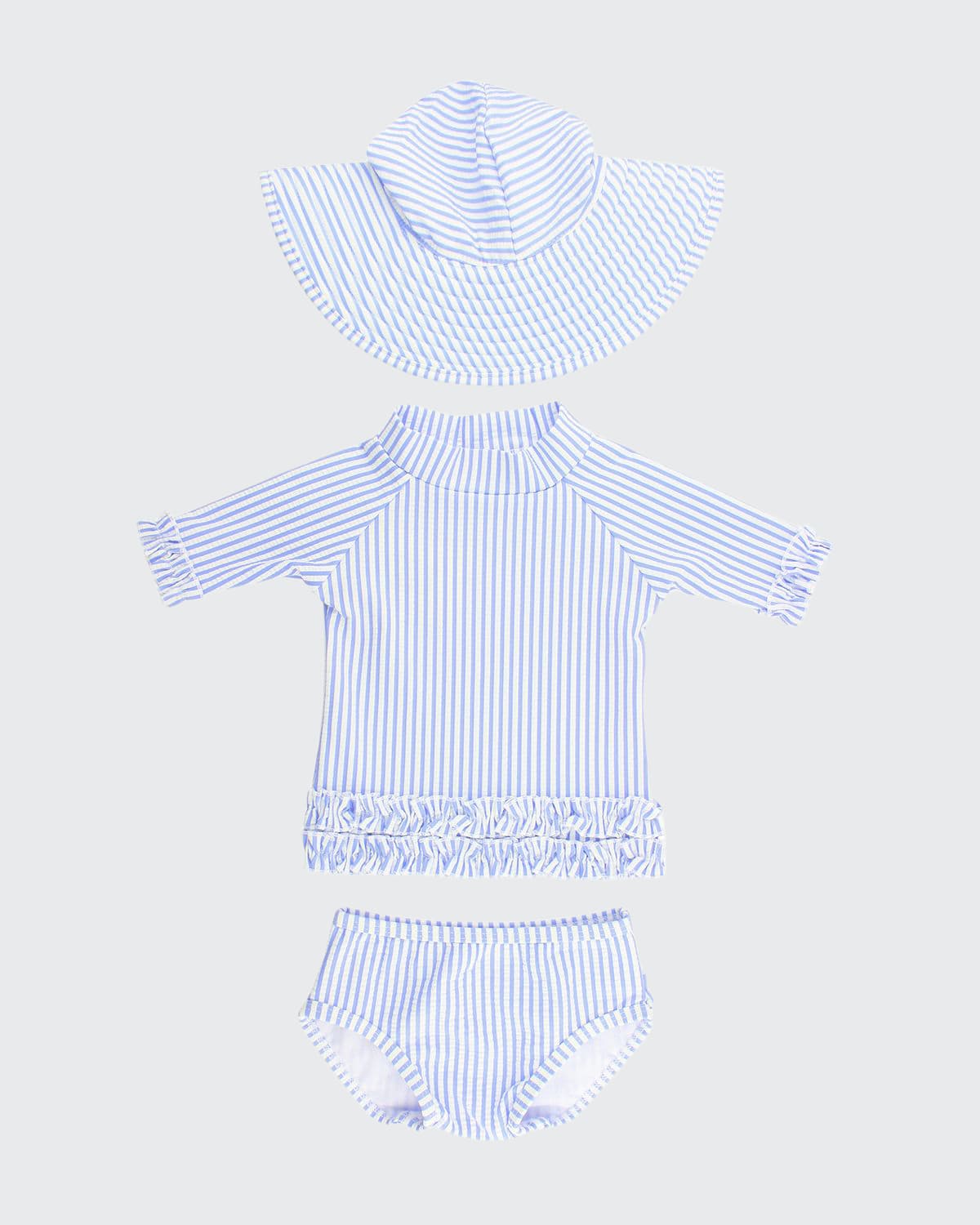 Rufflebutts Kids' Girl's Seersucker Ruffle Rash Guard Bikini W/ Sun Hat