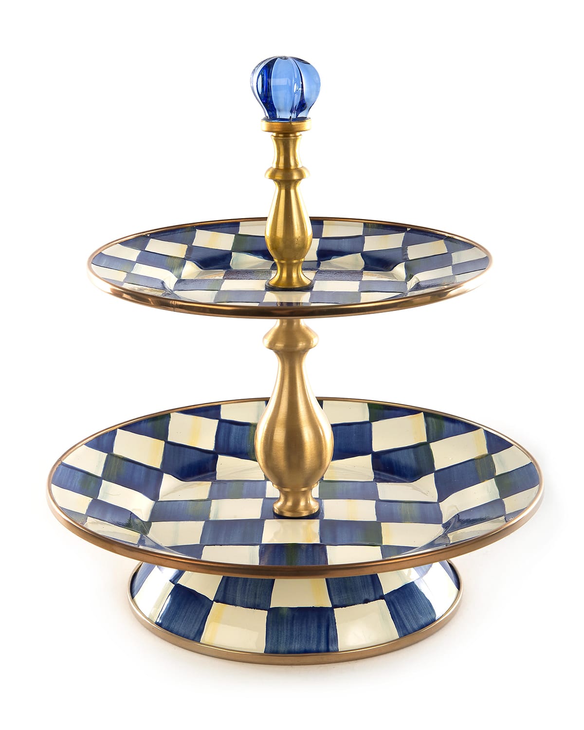 Mackenzie-childs Royal Check Enamel Two Tier Sweet Stand In Blue/white