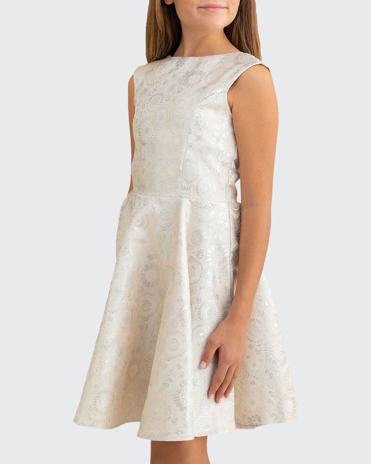 Un Deux Trois Kids' Girl's Jacquard V-back Dress In Ivory/silver