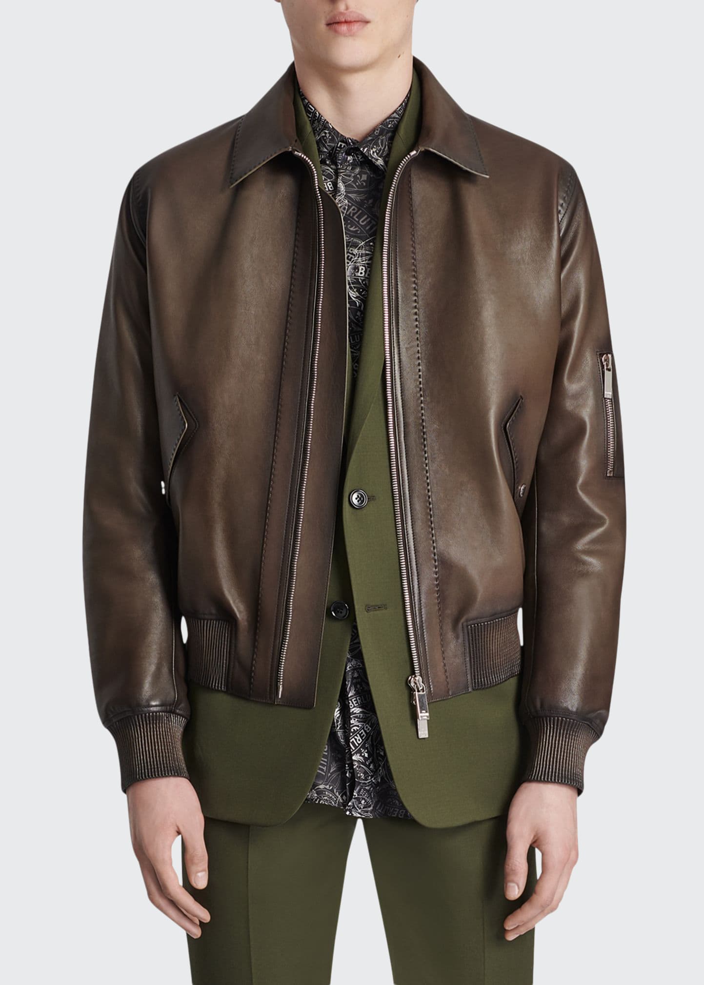 Berluti Men's Calfskin Leather Bomber Jacket