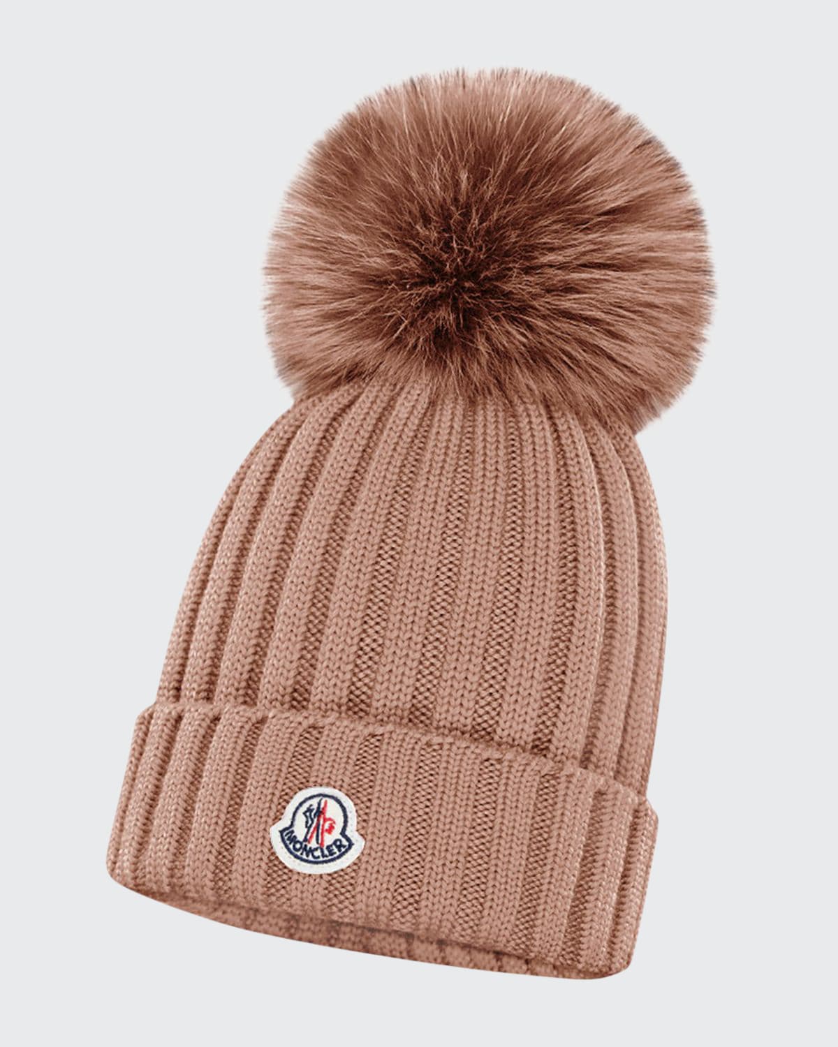 MONCLER RIBBED WOOL BEANIE WITH FUR POMPOM