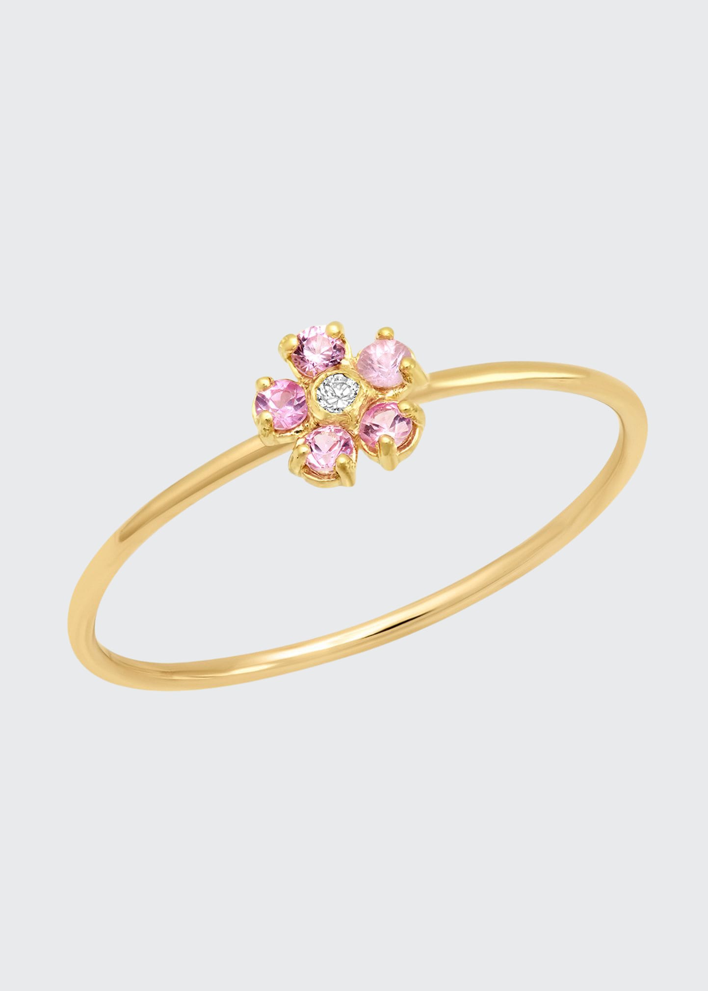 18k Mini Flower Pink Sapphire One-Diamond Ring, Size 6.5