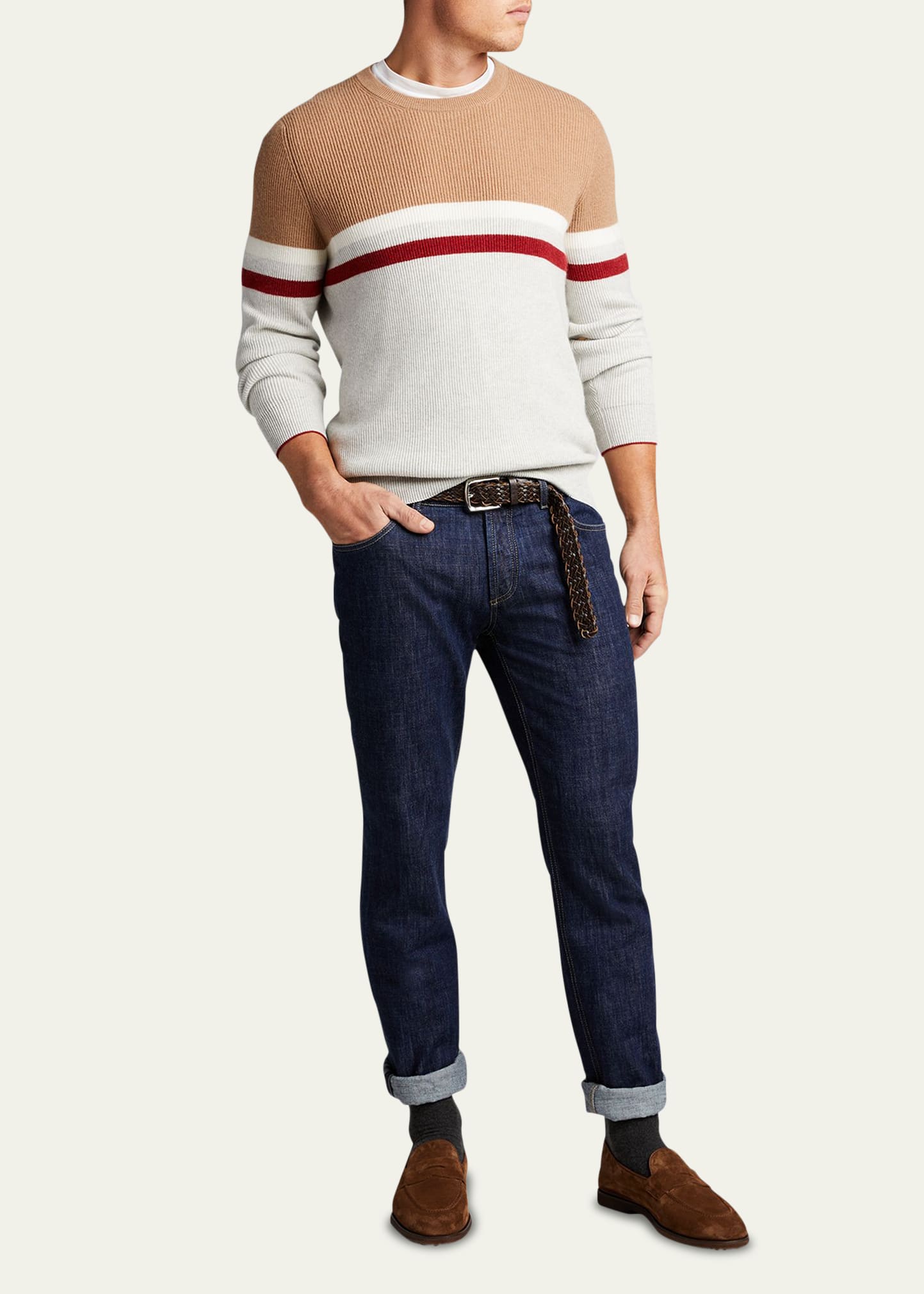 Brunello Cucinelli Men's English Ribbed Stripe Cashmere Sweater In Tan