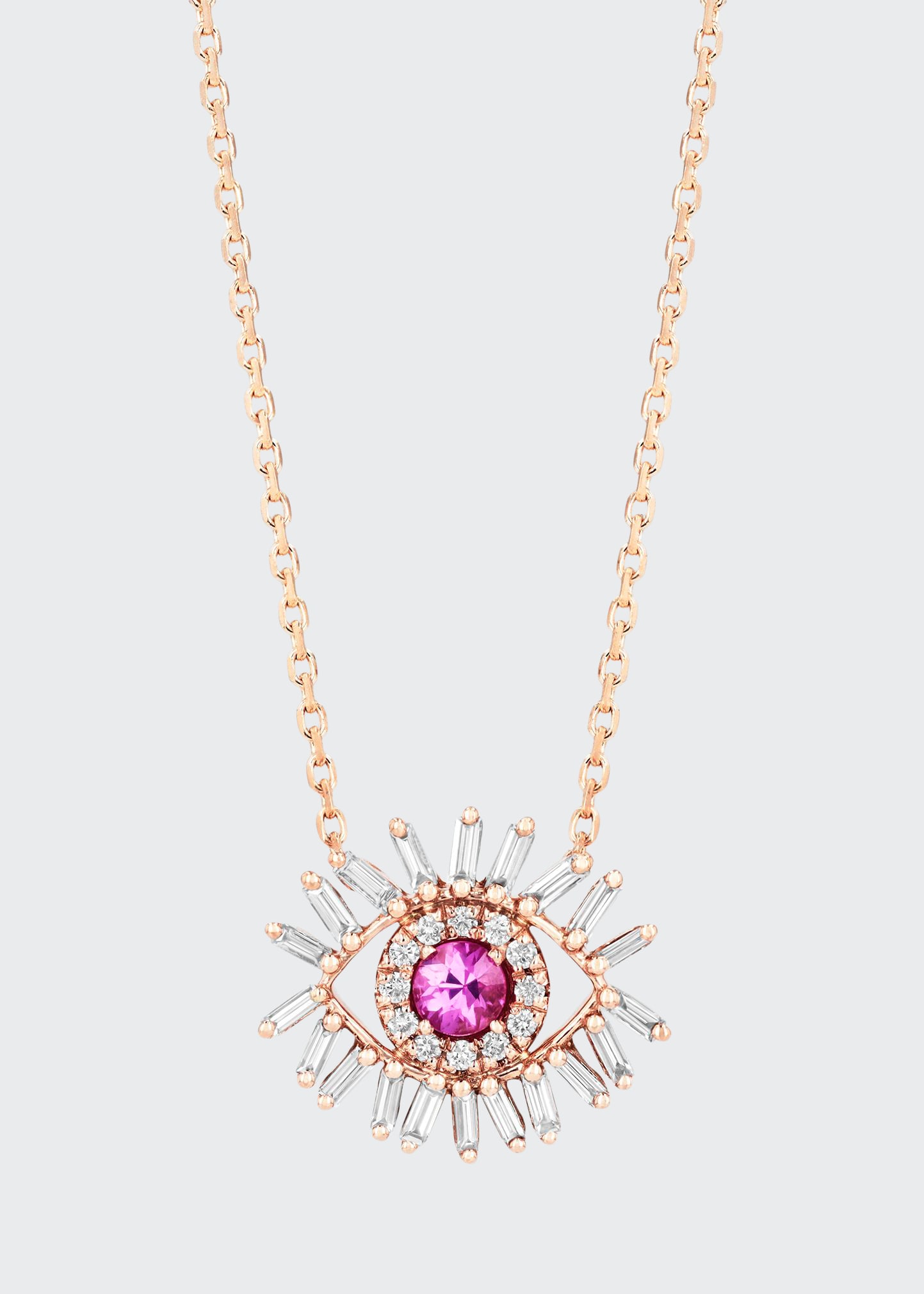 18k Rose Gold Mini Pink Sapphire Evil Eye Pendant Necklace with Diamonds