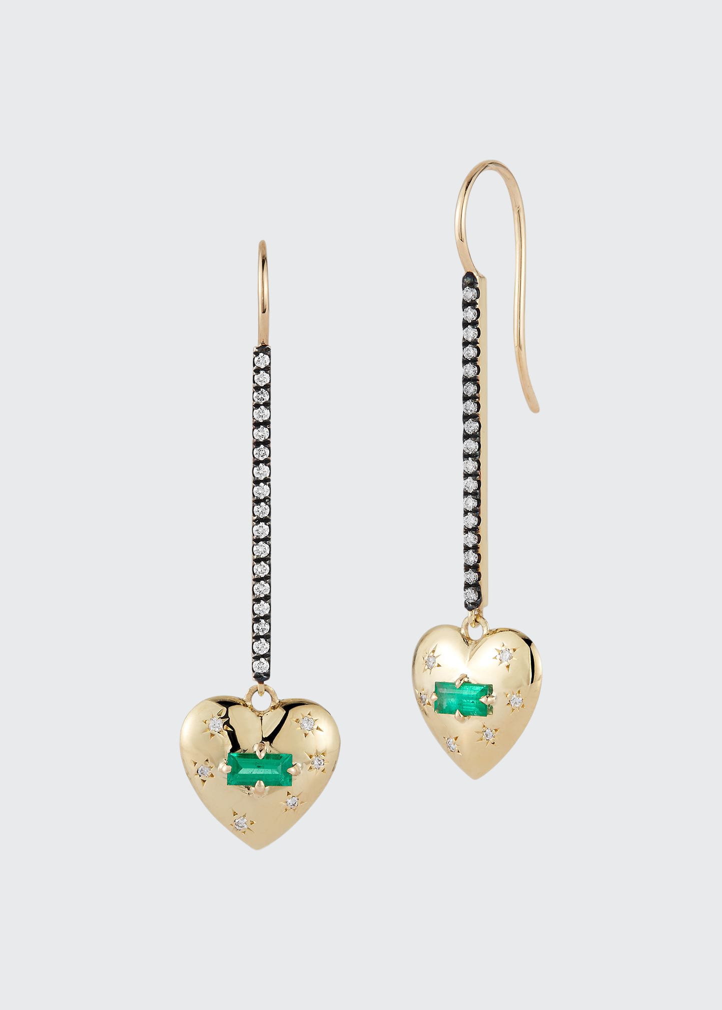 Jemma Wynne Gold Anniversary Heart Stick Drop Earrings W/ Emerald Baguette Center And Star Set Diamonds. 0.36 Ct
