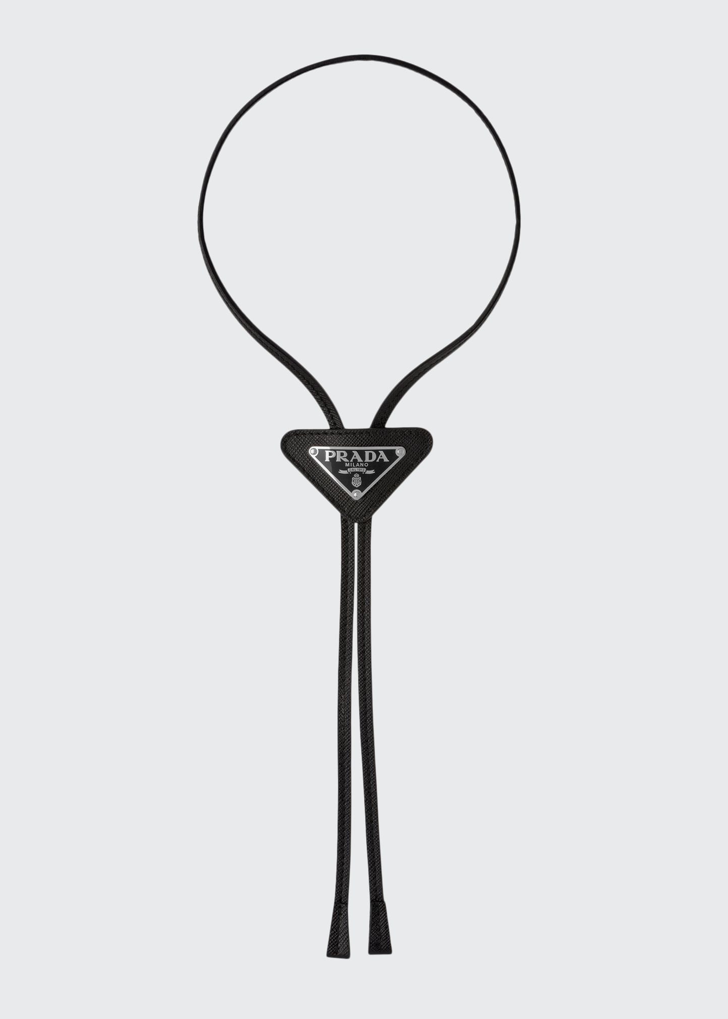 Prada Mens Black Triangular Logo-plaque Leather Bolo Tie In F0002 Nero