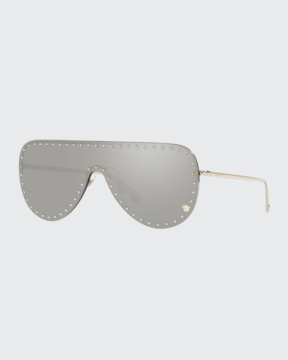 Versace Rimless Studded Metal Shield Sunglasses In Havana/gold