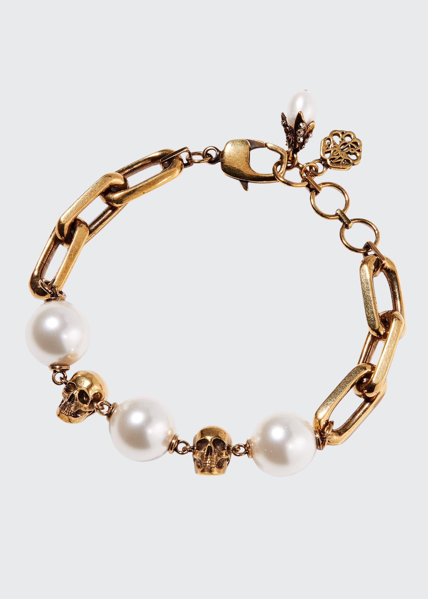 Alexander Mcqueen Pearl-embellished Skull Bracelet In Navy/red