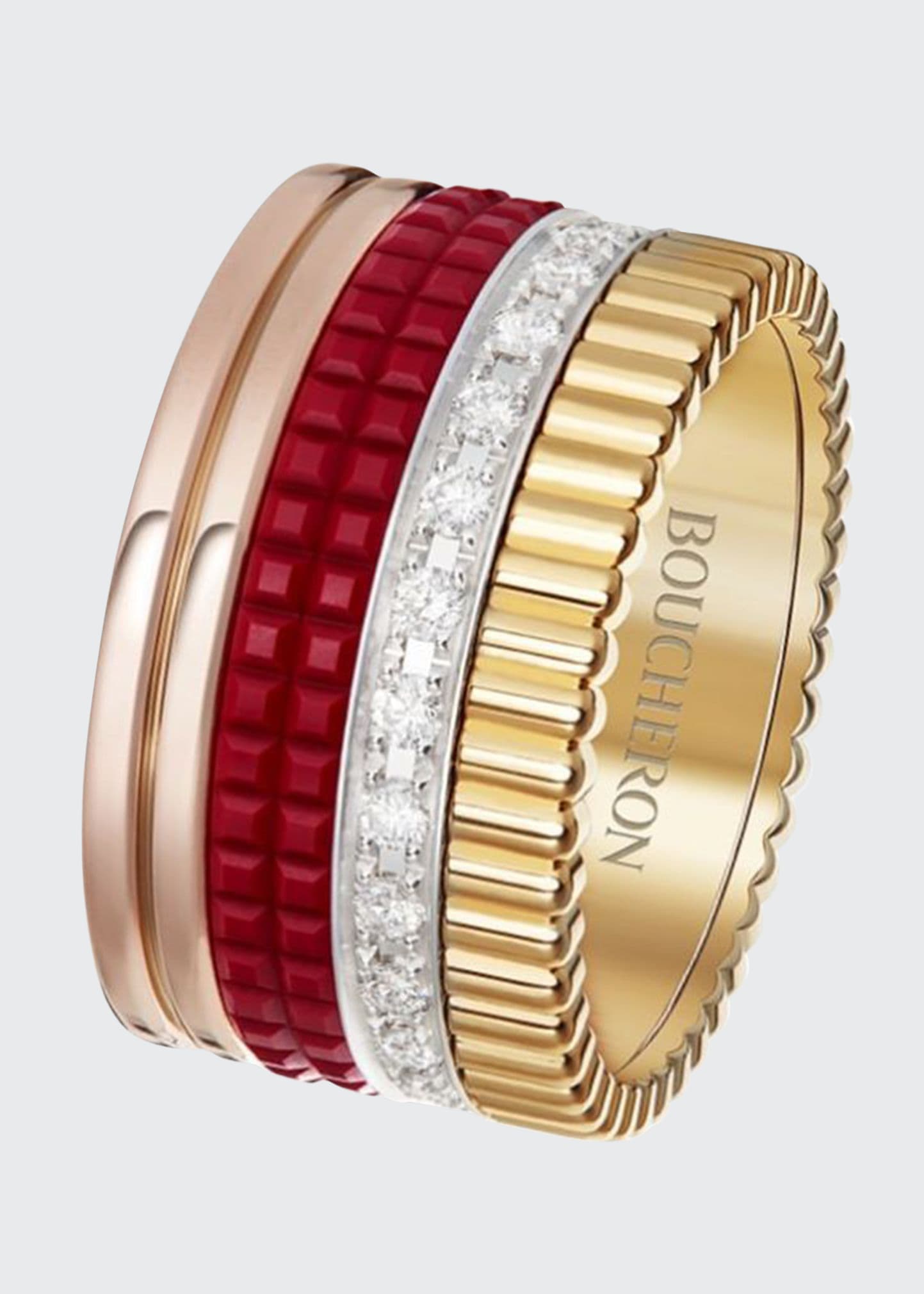 Boucheron Quatre Large Ring in Tricolor Gold with Red Ceramic and Diamonds, Size 54