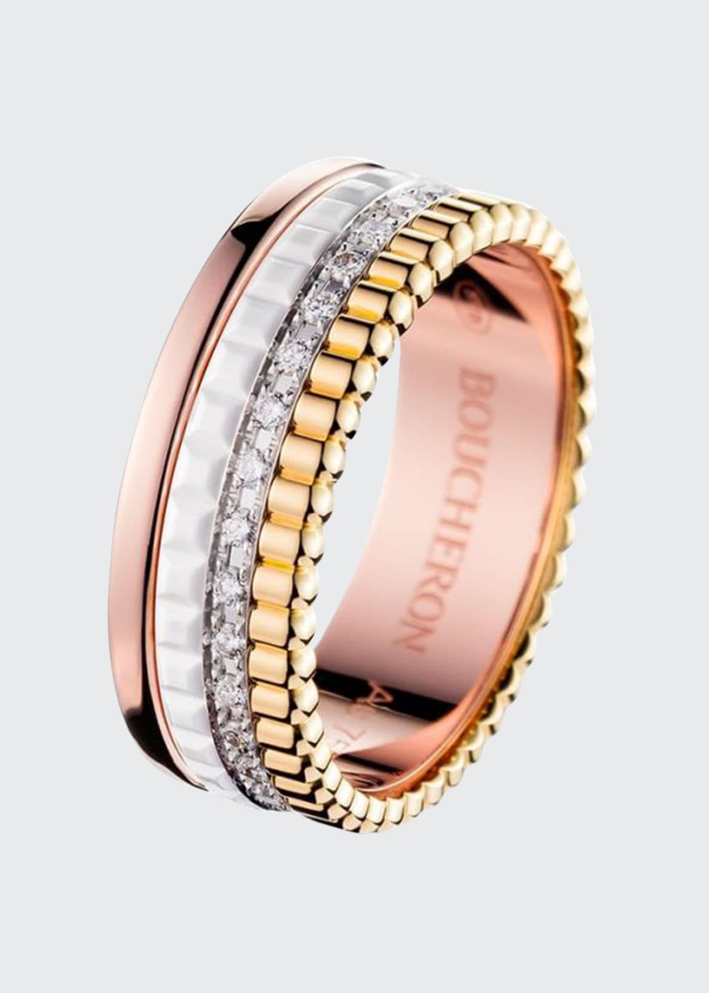 Boucheron Quatre Small Ring in Tricolor Gold with White Ceramic and Diamonds