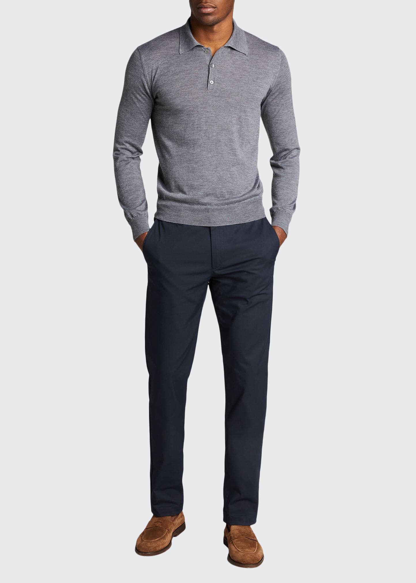 Bergdorf Goodman Long-sleeve Cashmere Polo Sweater In Medium Gray