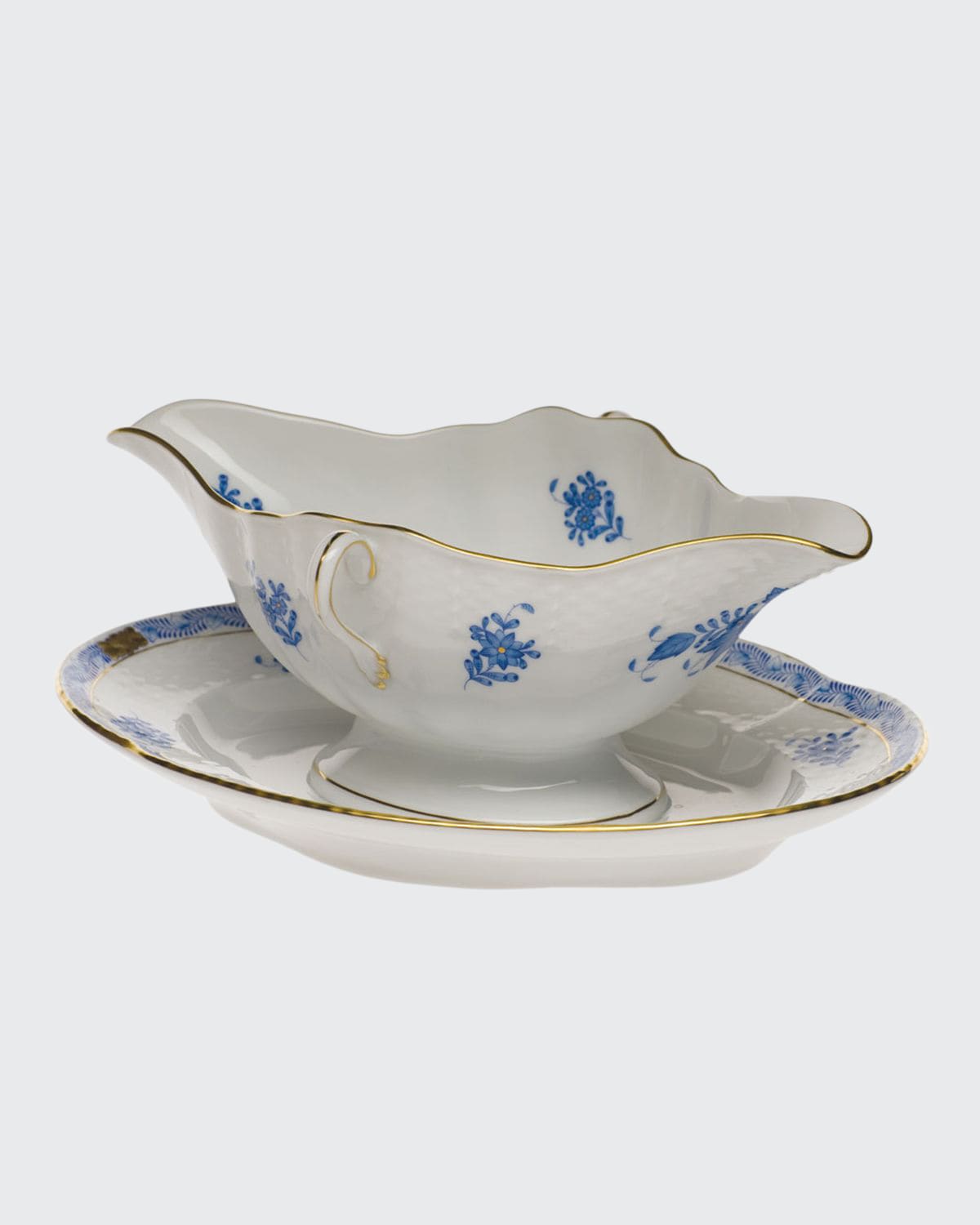 Chinese Bouquet Blue Gravy Boat with Fixed Stand