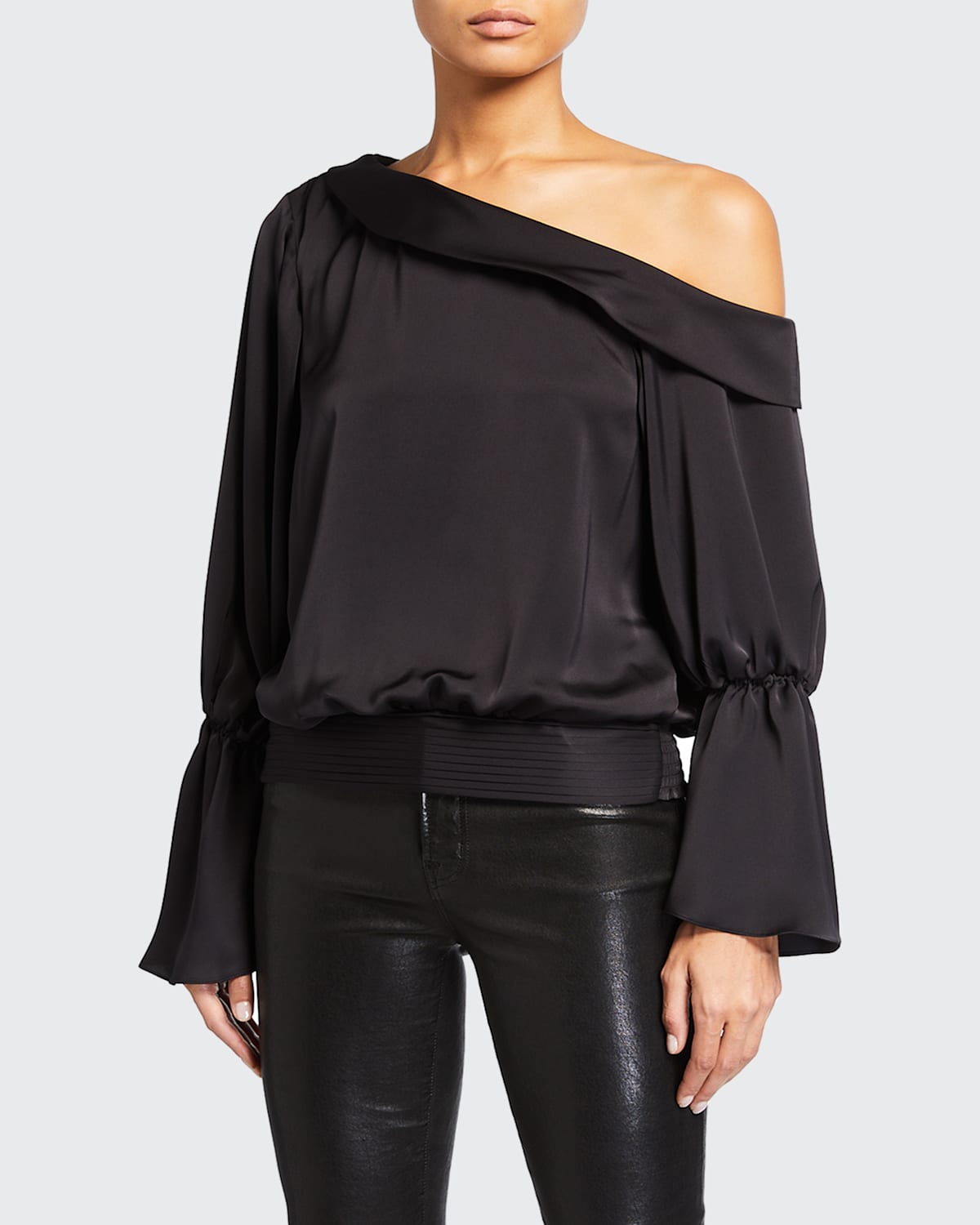 RAMY BROOK SAMMY ONE-SHOULDER FLARE-SLEEVE SATIN TOP 