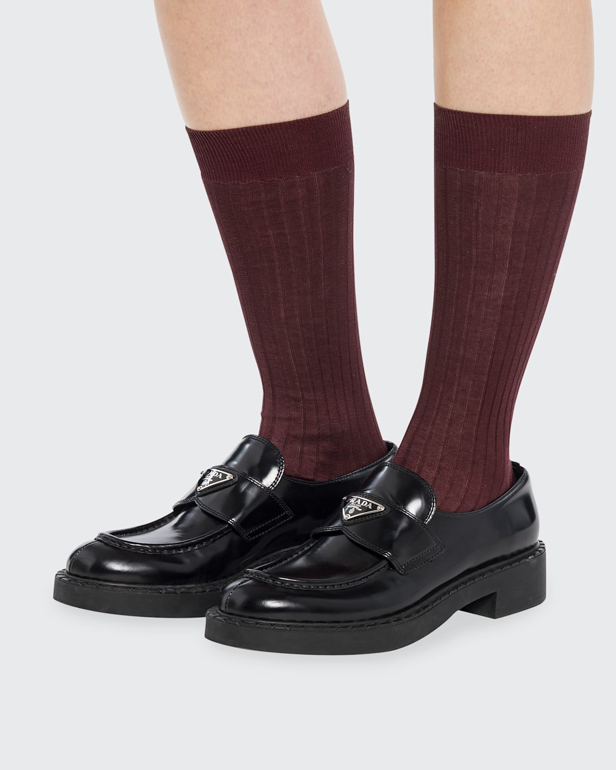 Prada Solid Ribbed Cotton Knee High Socks