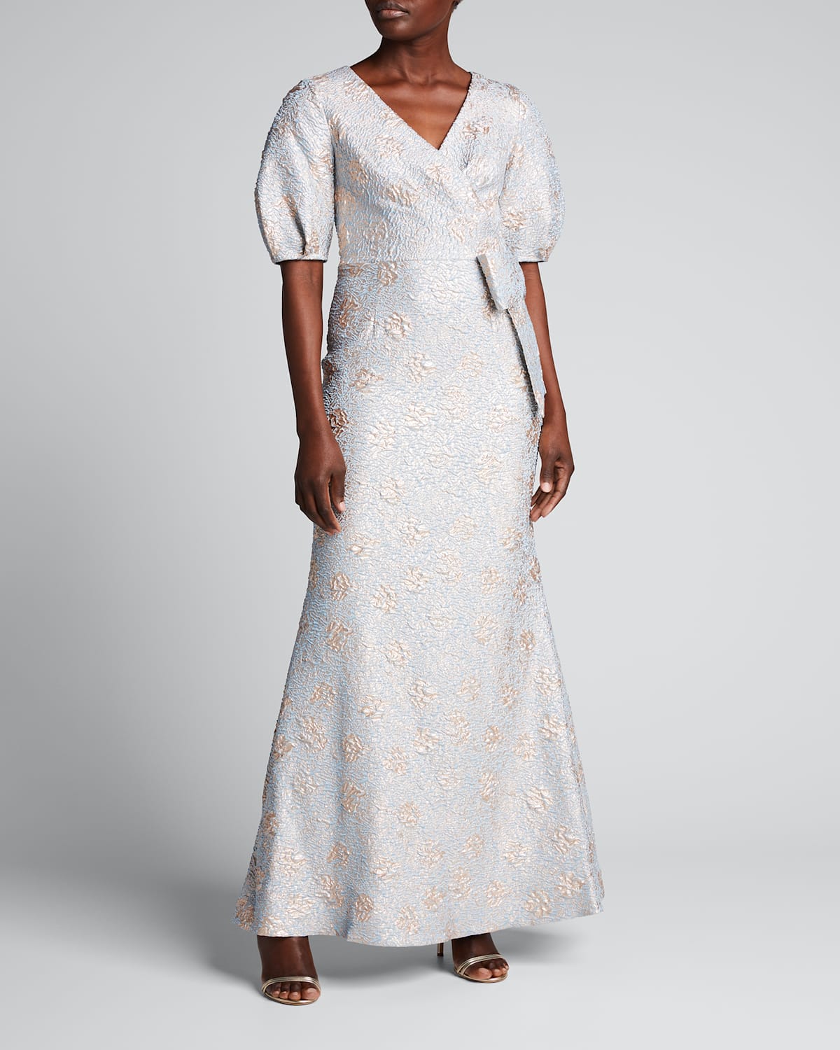 Puff-Sleeve Jacquard Mock-Wrap Gown
