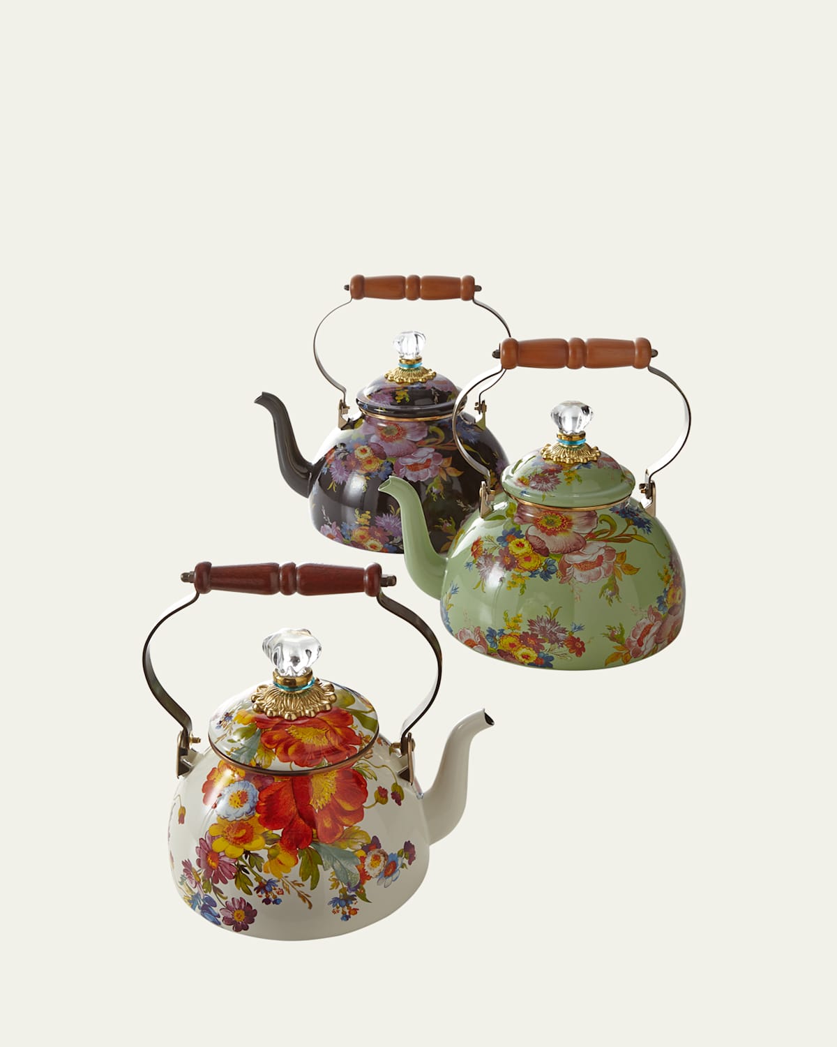 Mackenzie-childs Flower Market 2 Quart Floral-print Enamel Tea Kettle 2.3l In White
