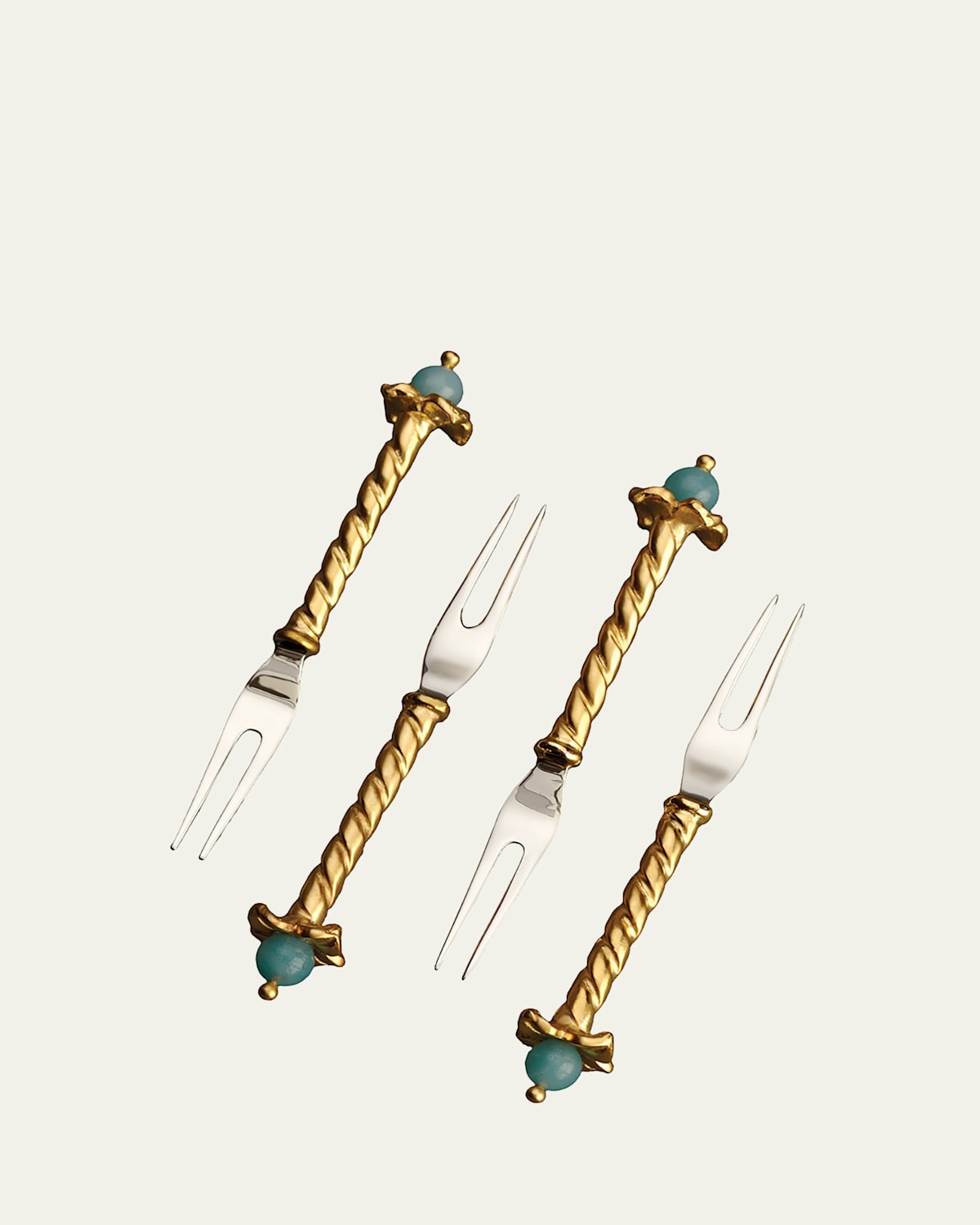 L'objet Venise 4-piece 24k Goldplated Stainless Steel & Amazonite Two-prong Cocktail Pick Set