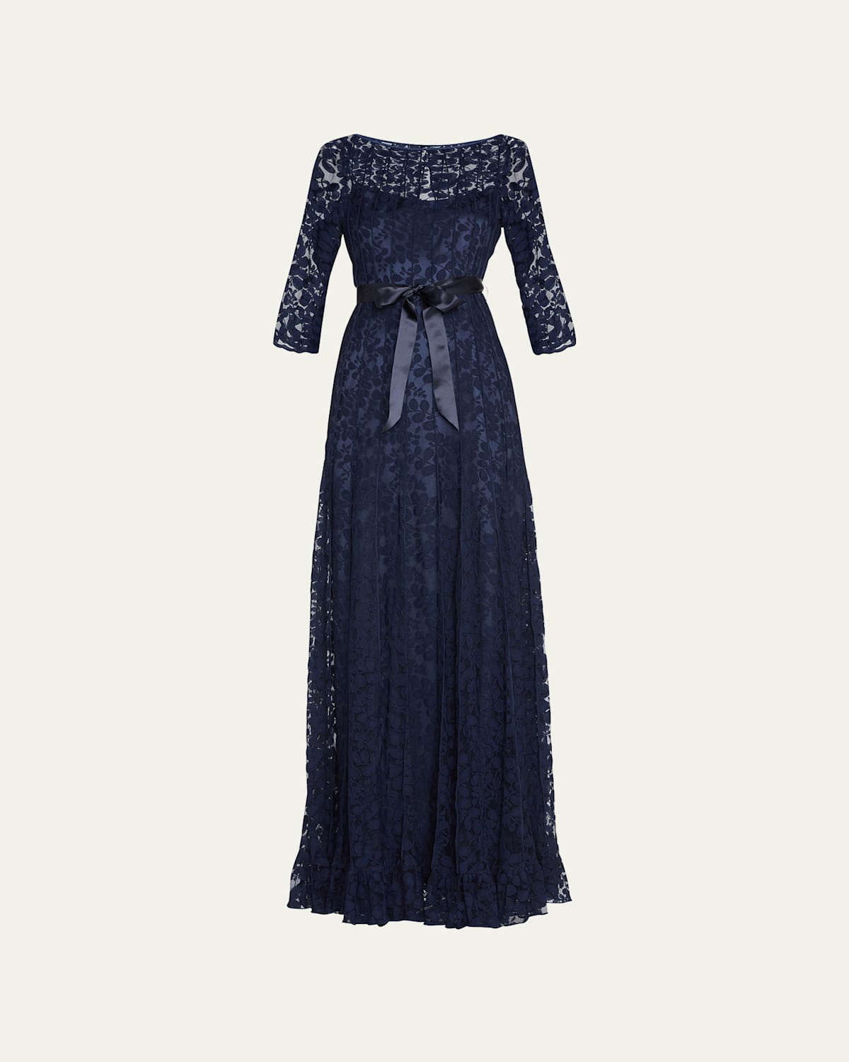 Rickie Freeman For Teri Jon 3/4-sleeve Lace Overlay Gown In Navy
