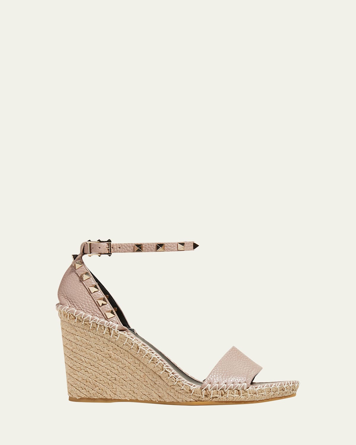 Valentino Rockstud Womens Leather Wedges Espadrilles In Poudre/nero