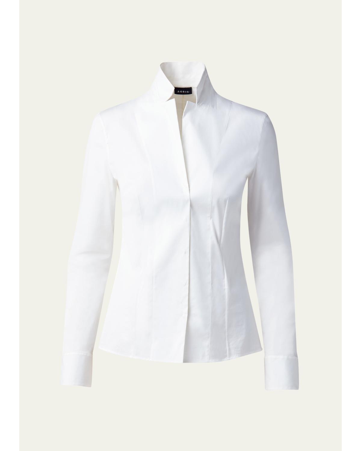 Long-Sleeve Notched-Collar Poplin Blouse