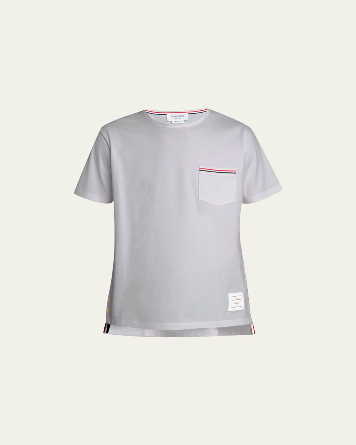 Thom Browne Short-sleeve Crew Neck T-shirt With Chest Pocket And Striped Trim Detail In Light Gray