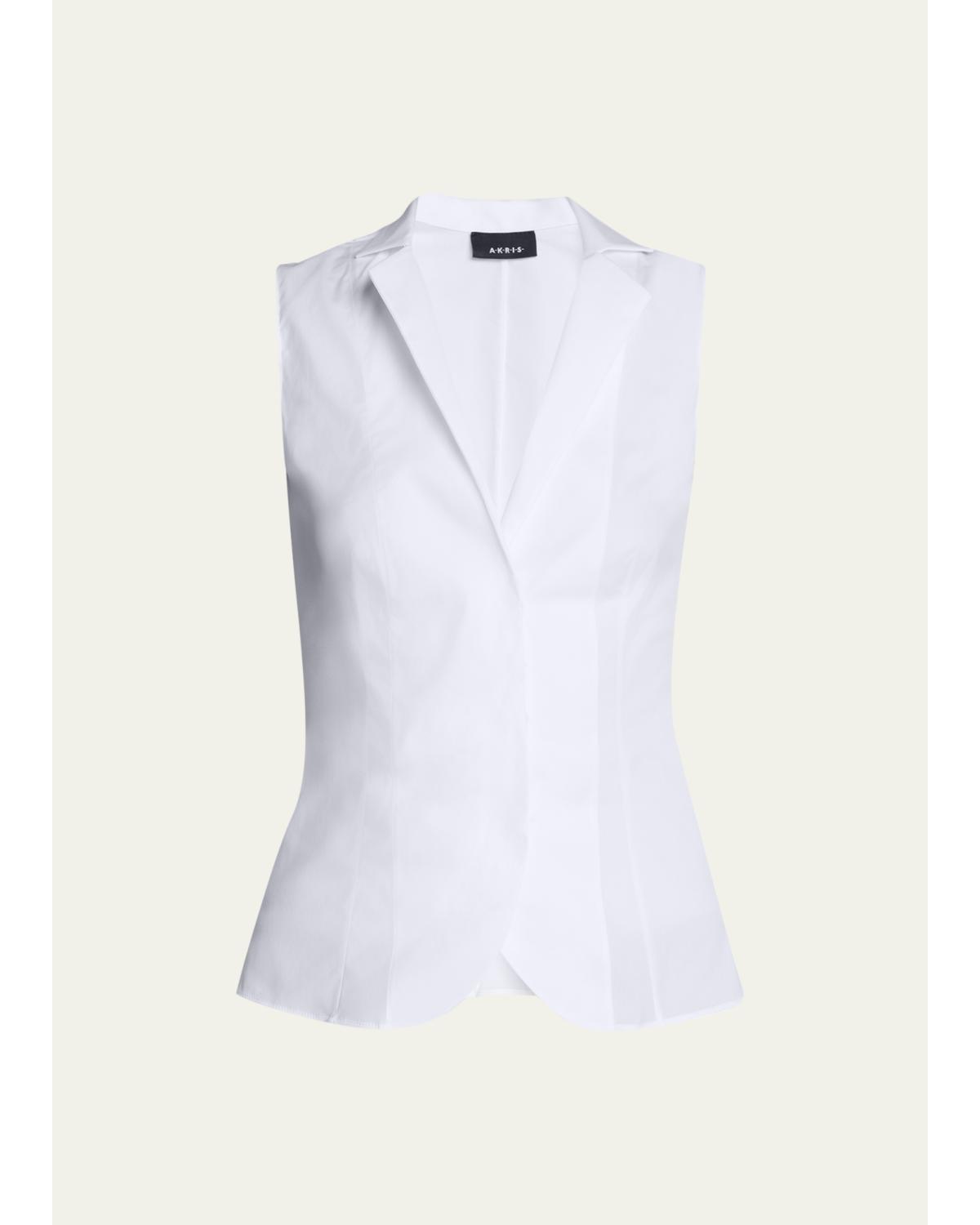 Notched Stand-Collar Sleeveless Button-Front Blouse