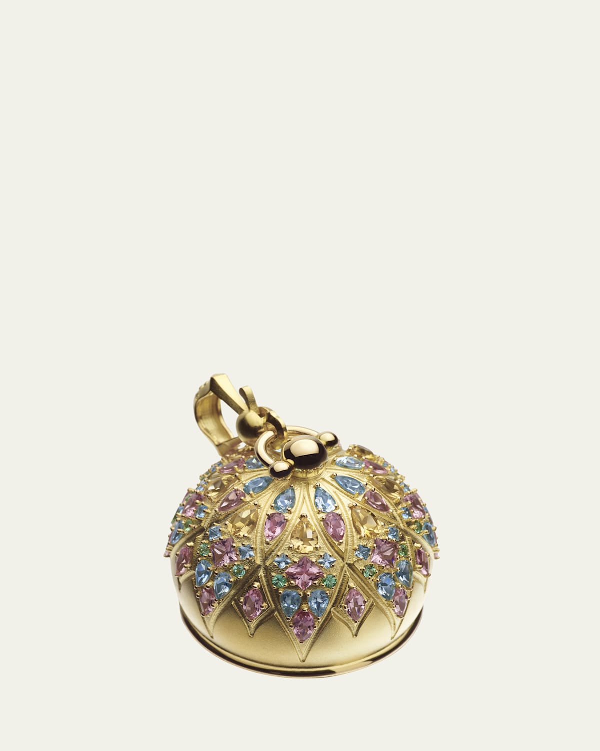 18K Yellow Gold Cathedral Bell Pendant with Tourmaline, Aquamarine, & Beryl