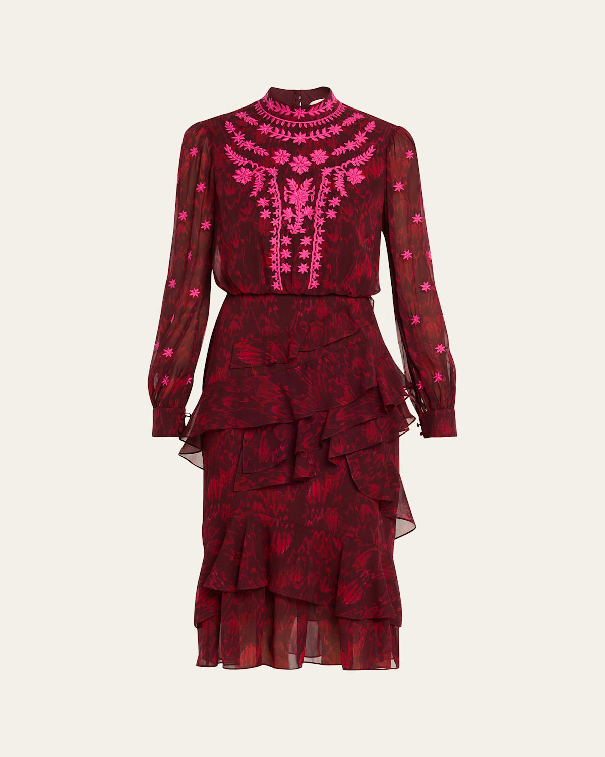Saloni Isa Mock-neck Floral-print Silk Midi Dress In Pink