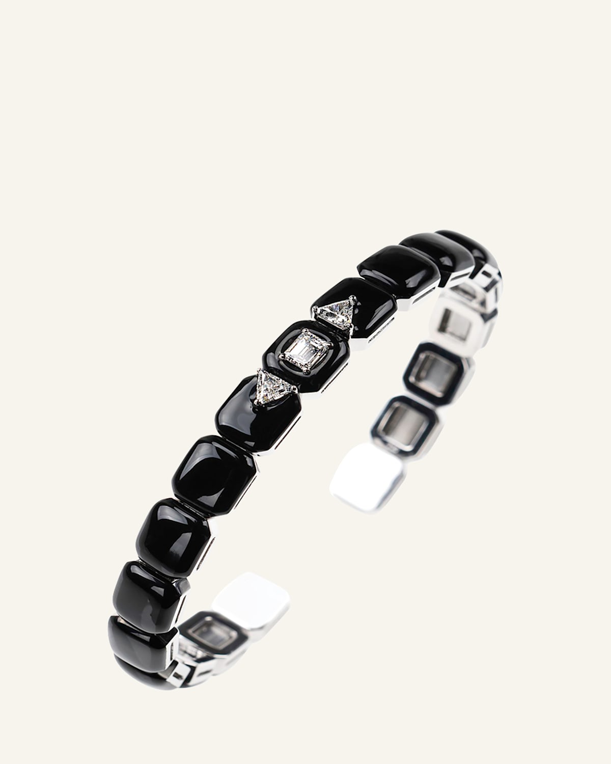 Oui 18k White Gold Black Enamel Trillion and Emerald Diamond Bracelet