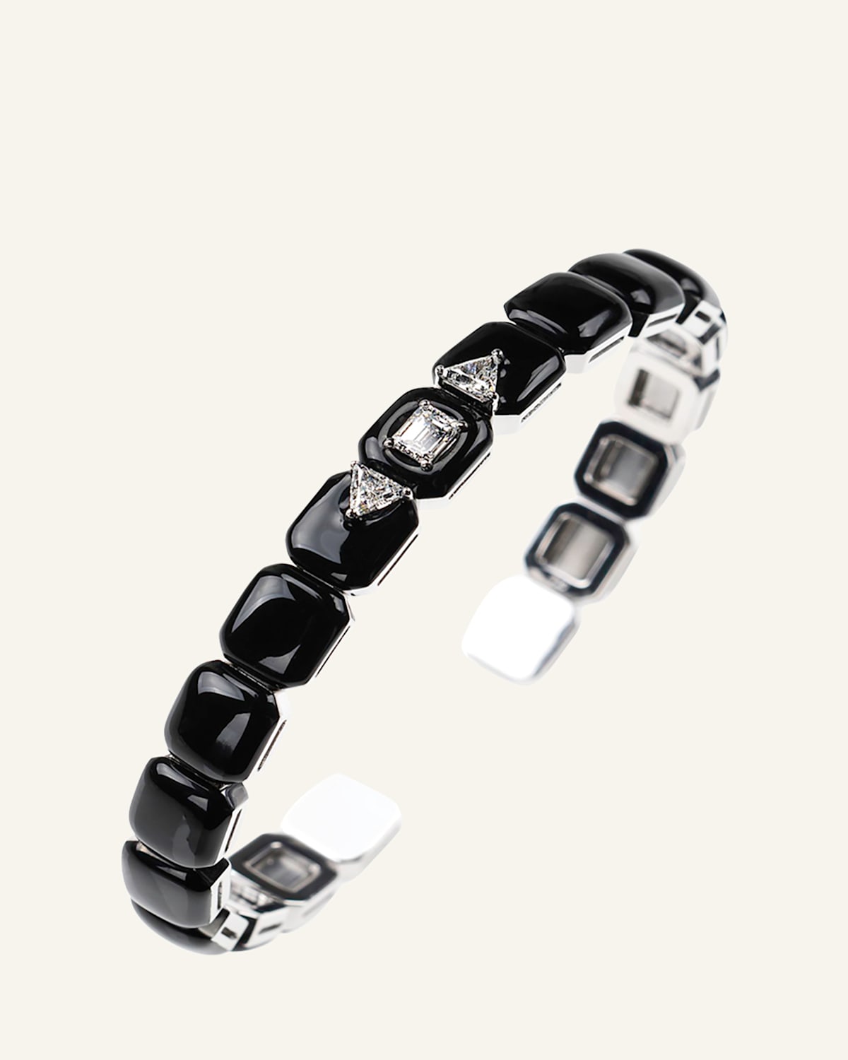 Nikos Koulis Oui 18k White Gold Black Enamel Trillion and Emerald Diamond Bracelet
