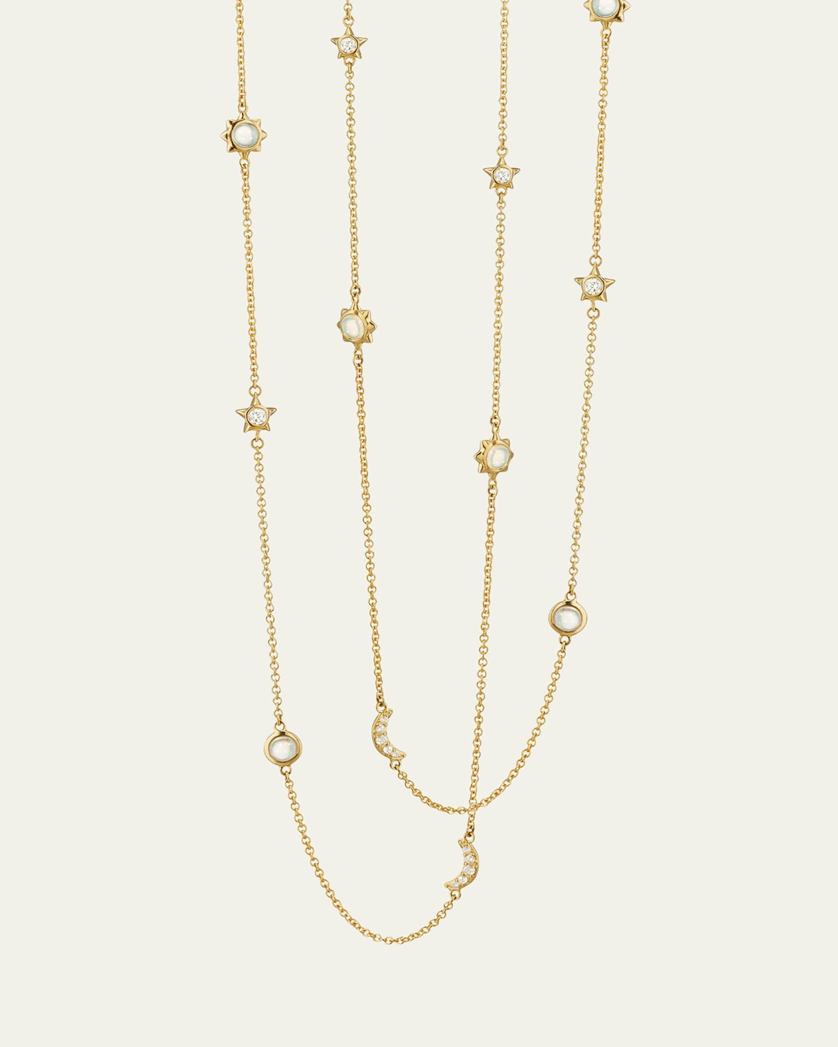 Sun, Moon and Stars 47" Diamond and Opal Gold Chain Necklace