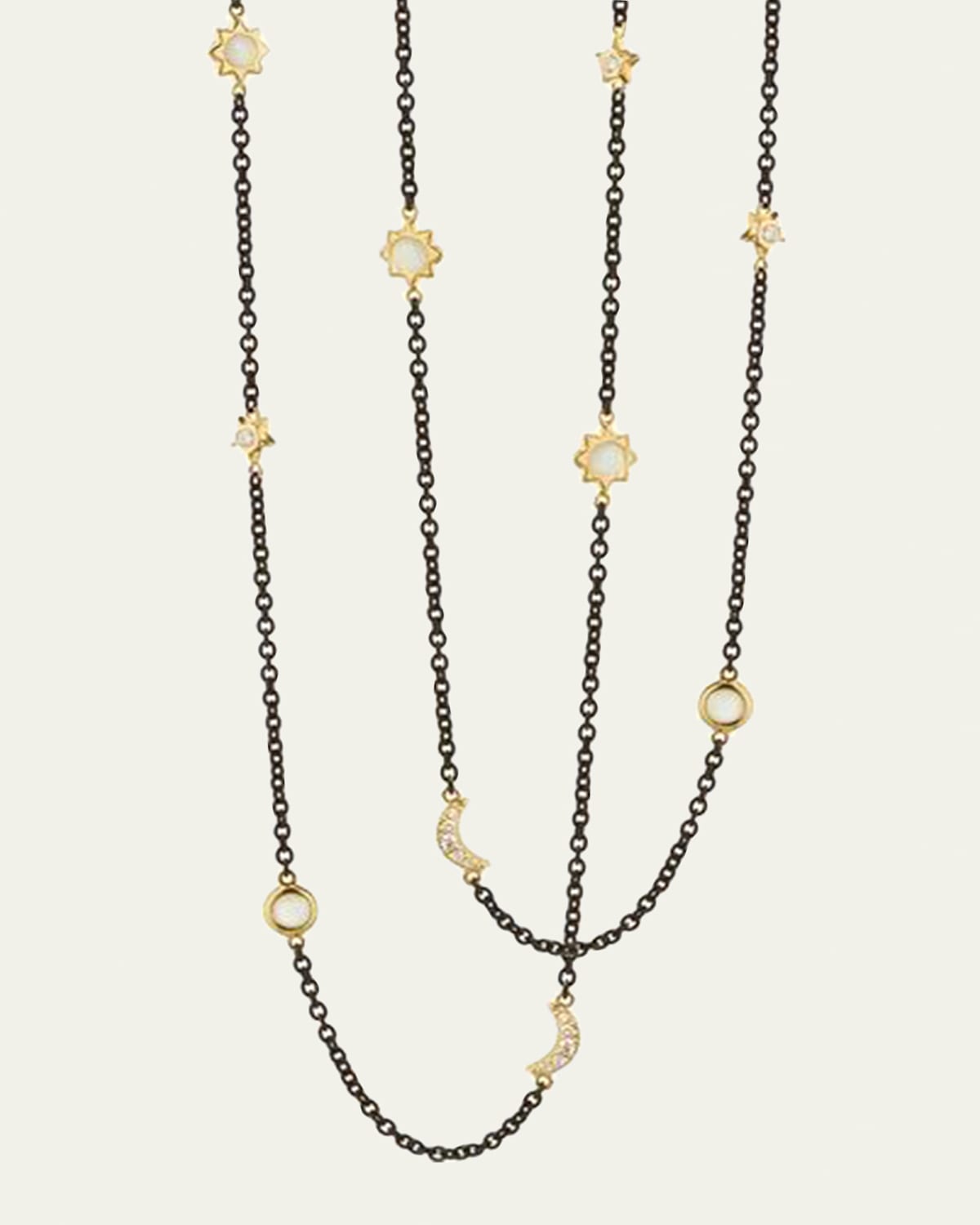 Sun, Moon and Stars Diamond and Moonstone Steel Chain Necklace, 47"L