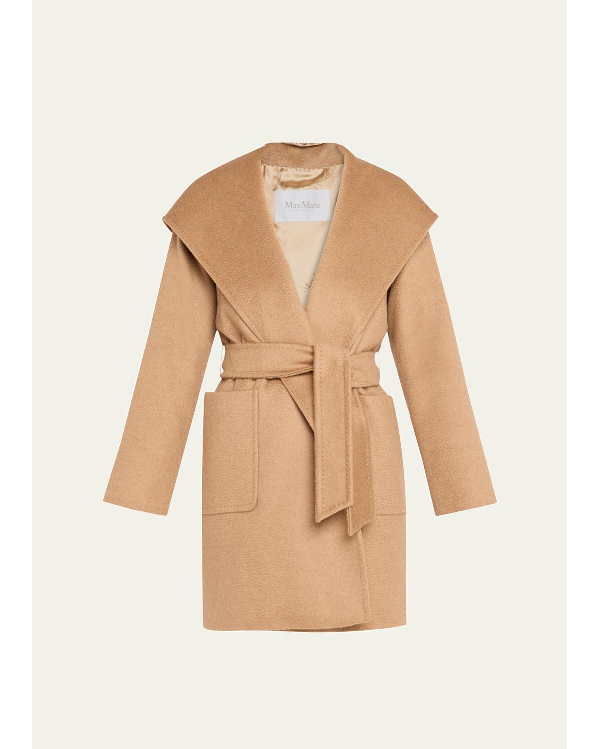 Rialto Camel Hair Belted Short Hooded Coat