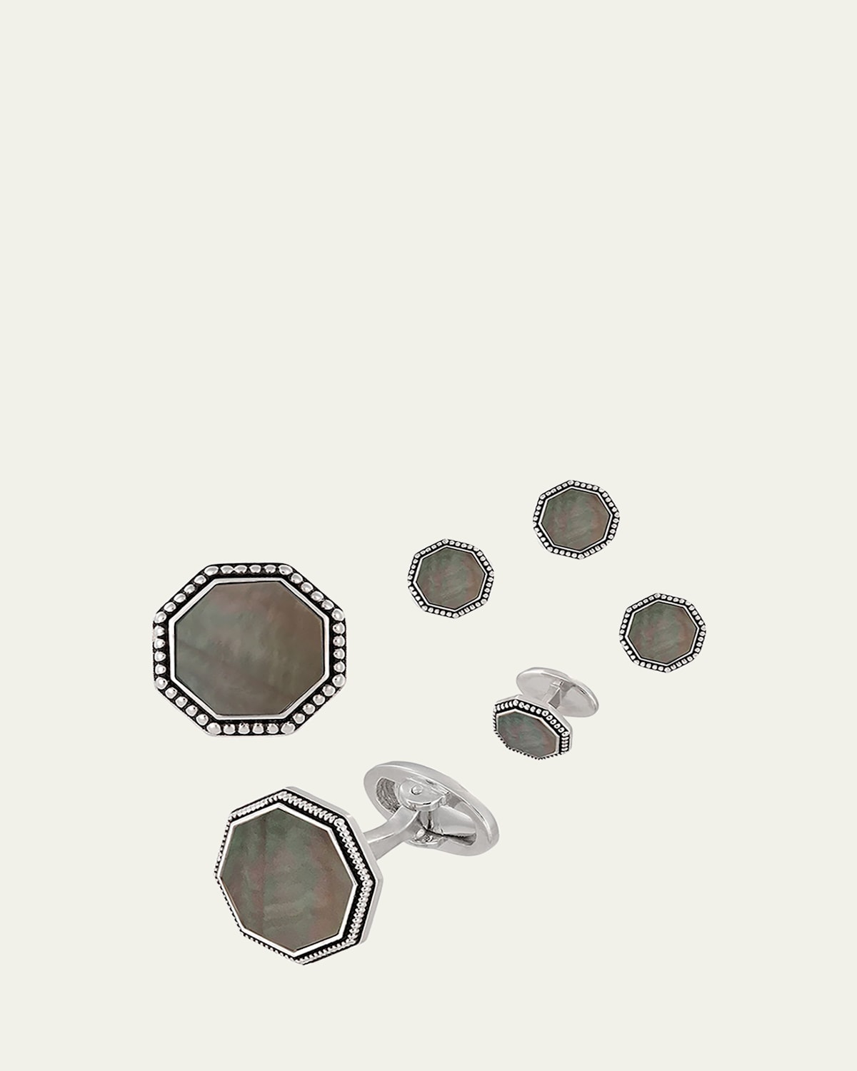 Beaded Octagonal Mother-of-Pearl Cuff Links Studs Set