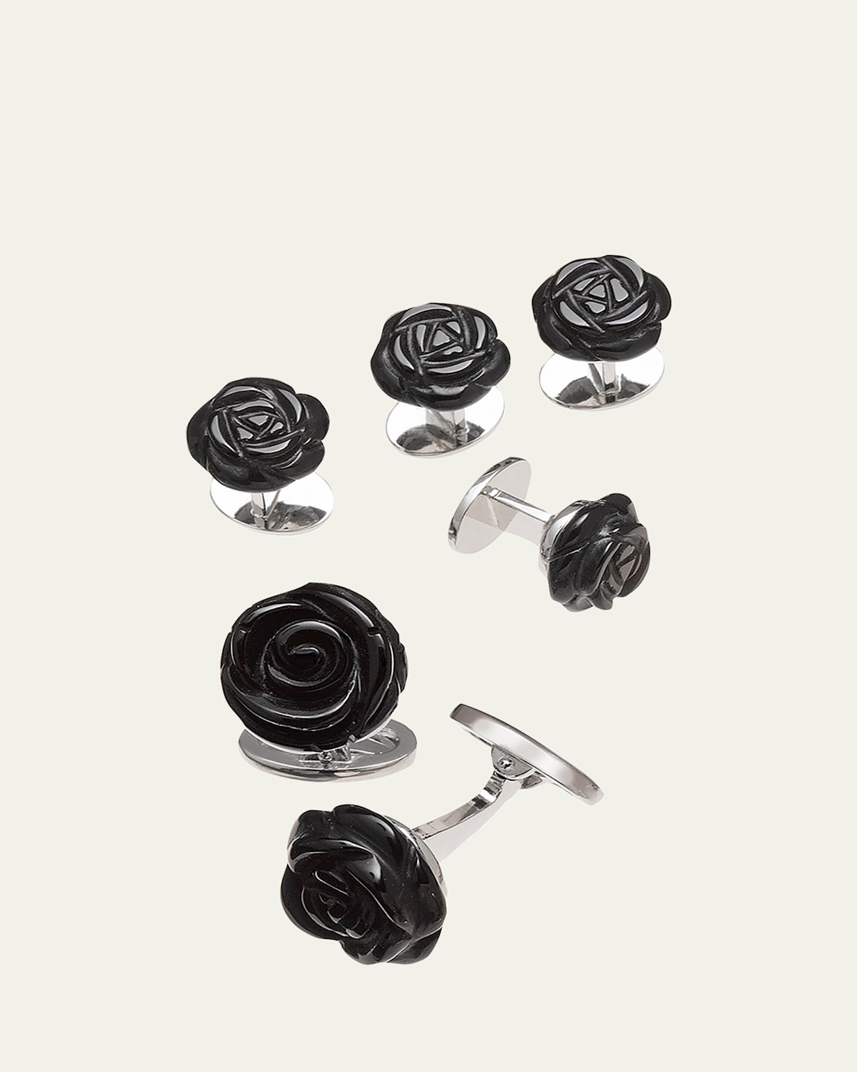 Onyx Carved Rose Tuxedo Cuff Link and Stud Set