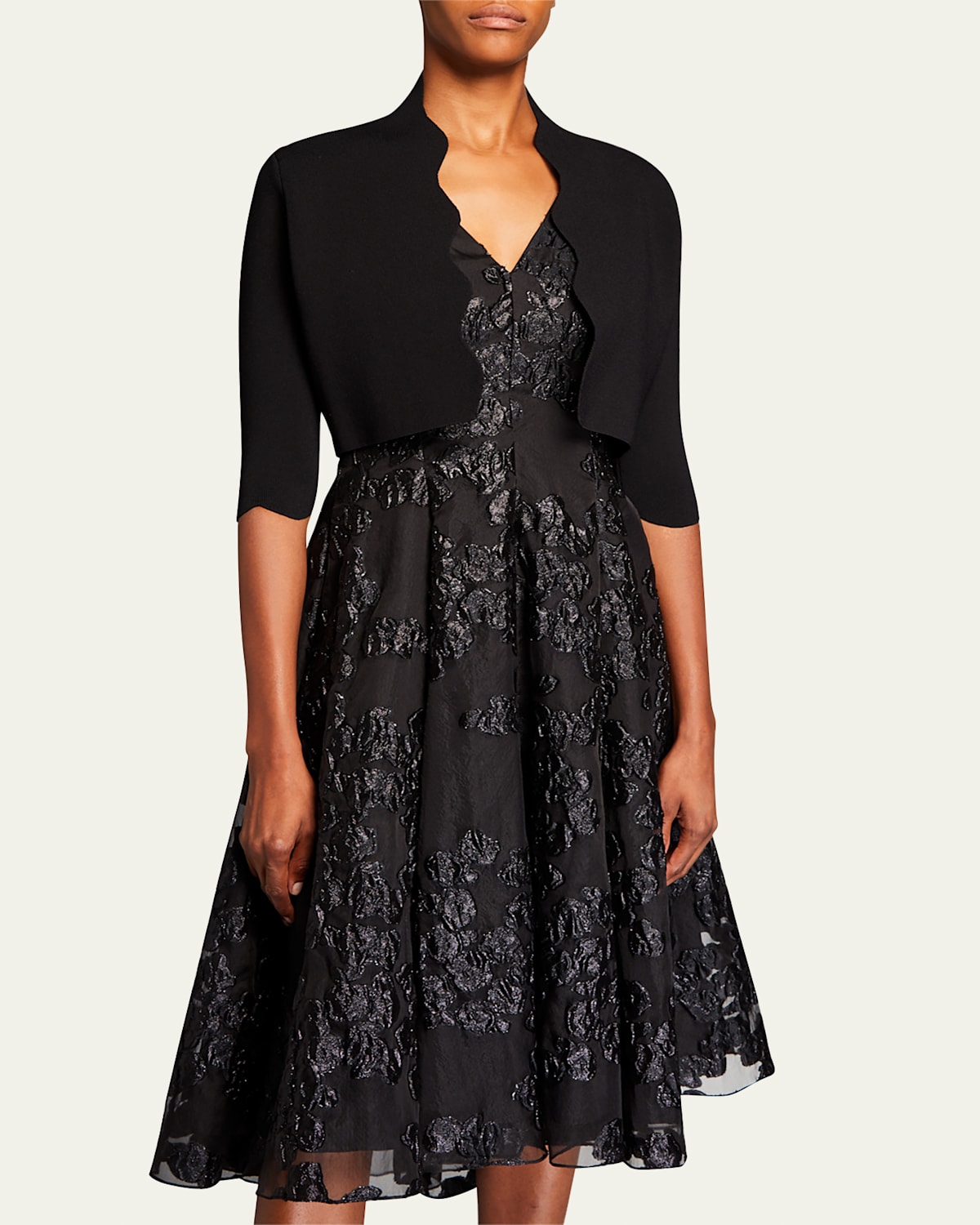 Lela Rose Scalloped Bolero Cardigan In Black