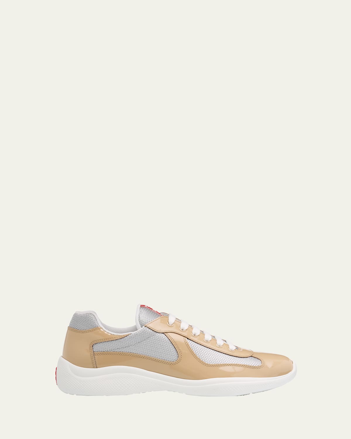 Shop Prada Men's America's Cup Patent Leather Patchwork Sneakers In Sand Silver