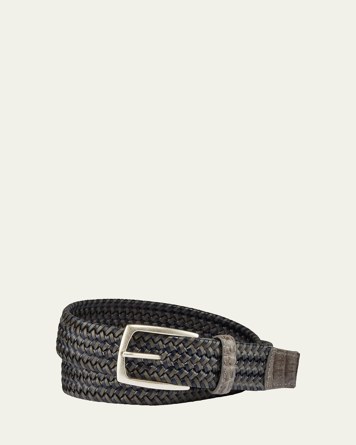 Men's Woven Leather Stretch Belt with Crocodile Trim