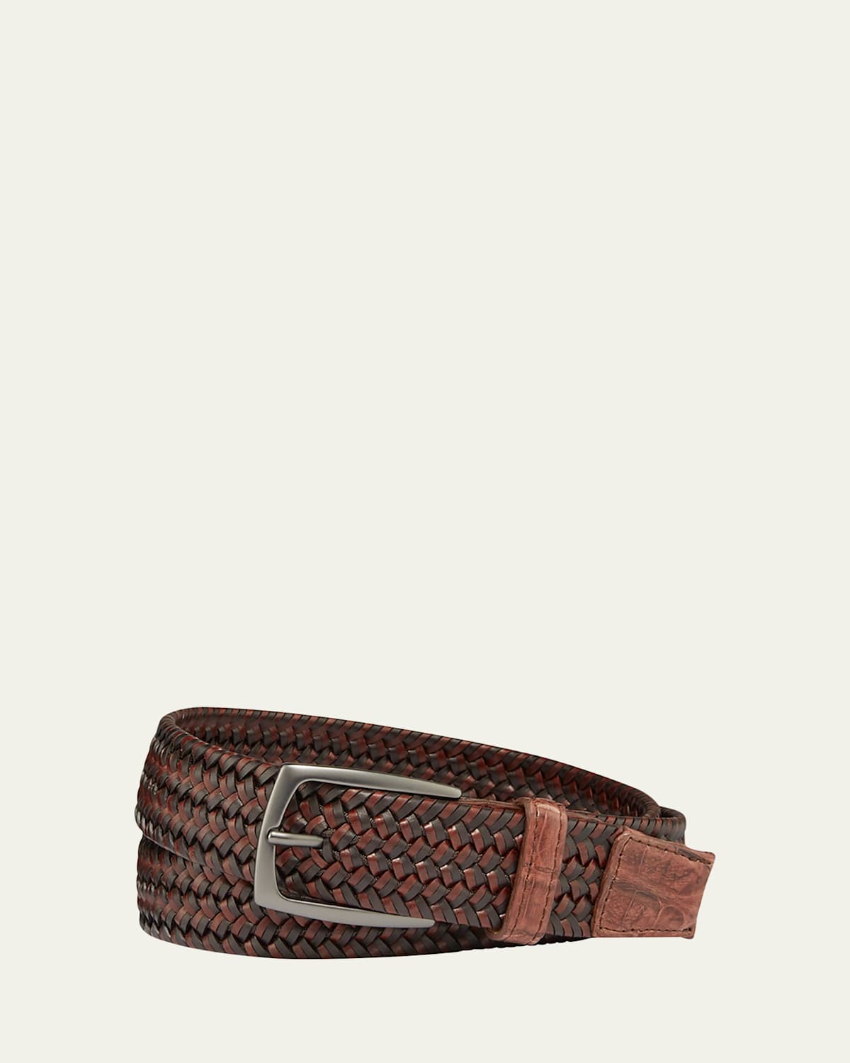 W. Kleinberg Men's Woven Leather Stretch Belt with Crocodile Trim