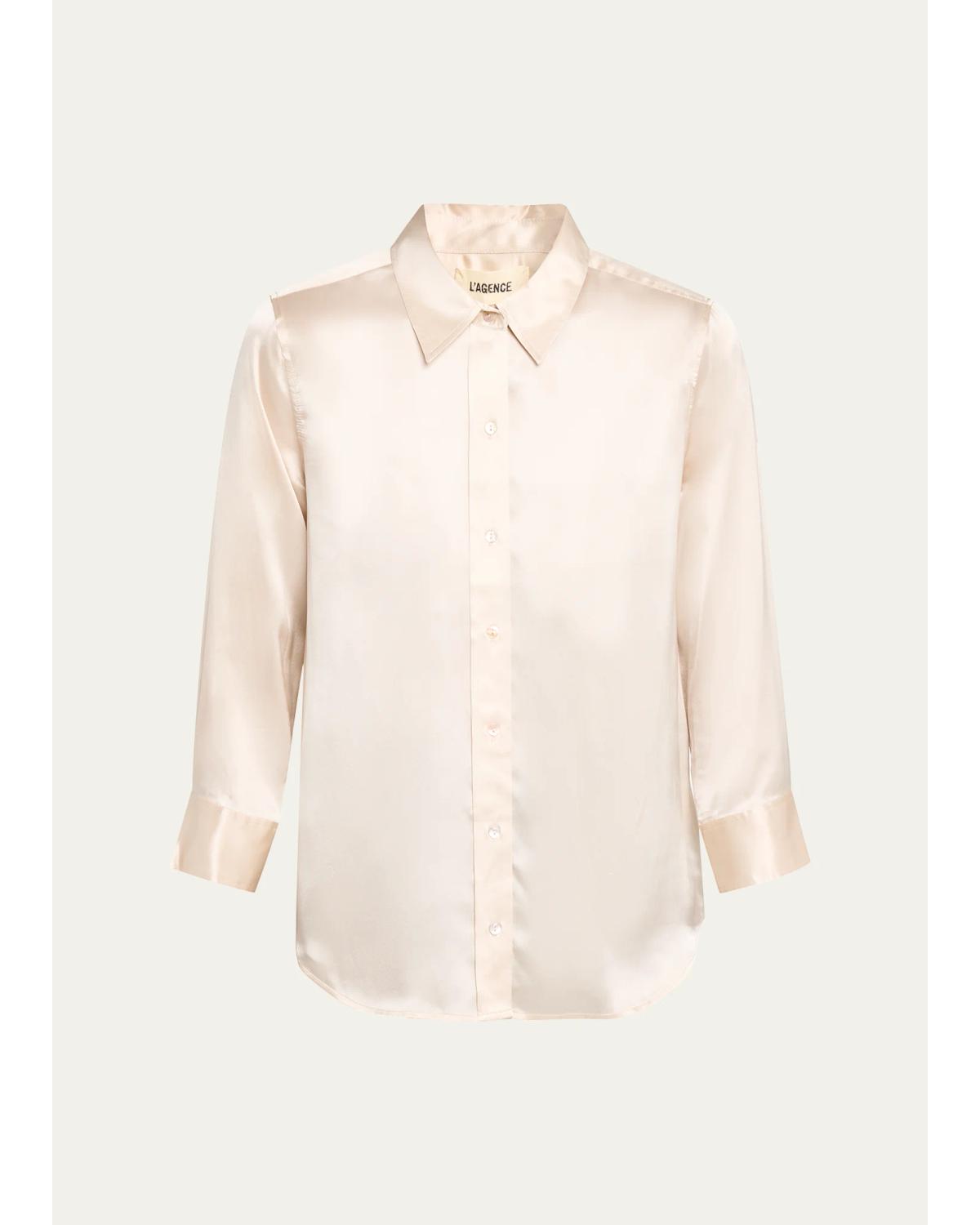 Dani Silk Satin 3/4-Sleeve Button-Down Blouse