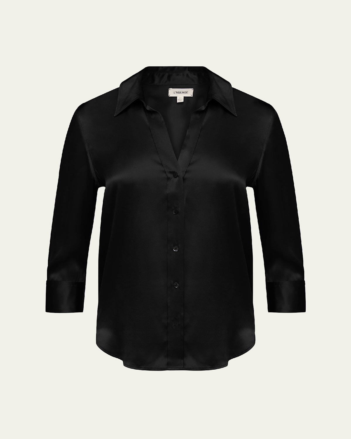 Shop L Agence Dani Silk Satin 3/4-sleeve Button-down Blouse In Black